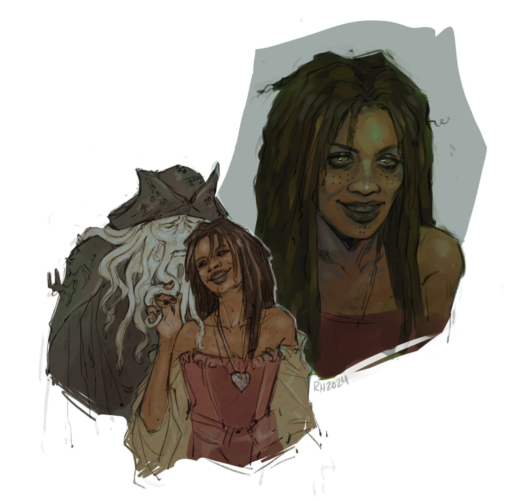 Colored digital sketches. On the lower left is a sketch of Tia Dalma and Davy Jones, she leans back toward him while he leans in toward her, one of his beard tentacles twined between her fingers. On the upper right is a portrait bust of Tia Dalma, the lighting muted and greenish.