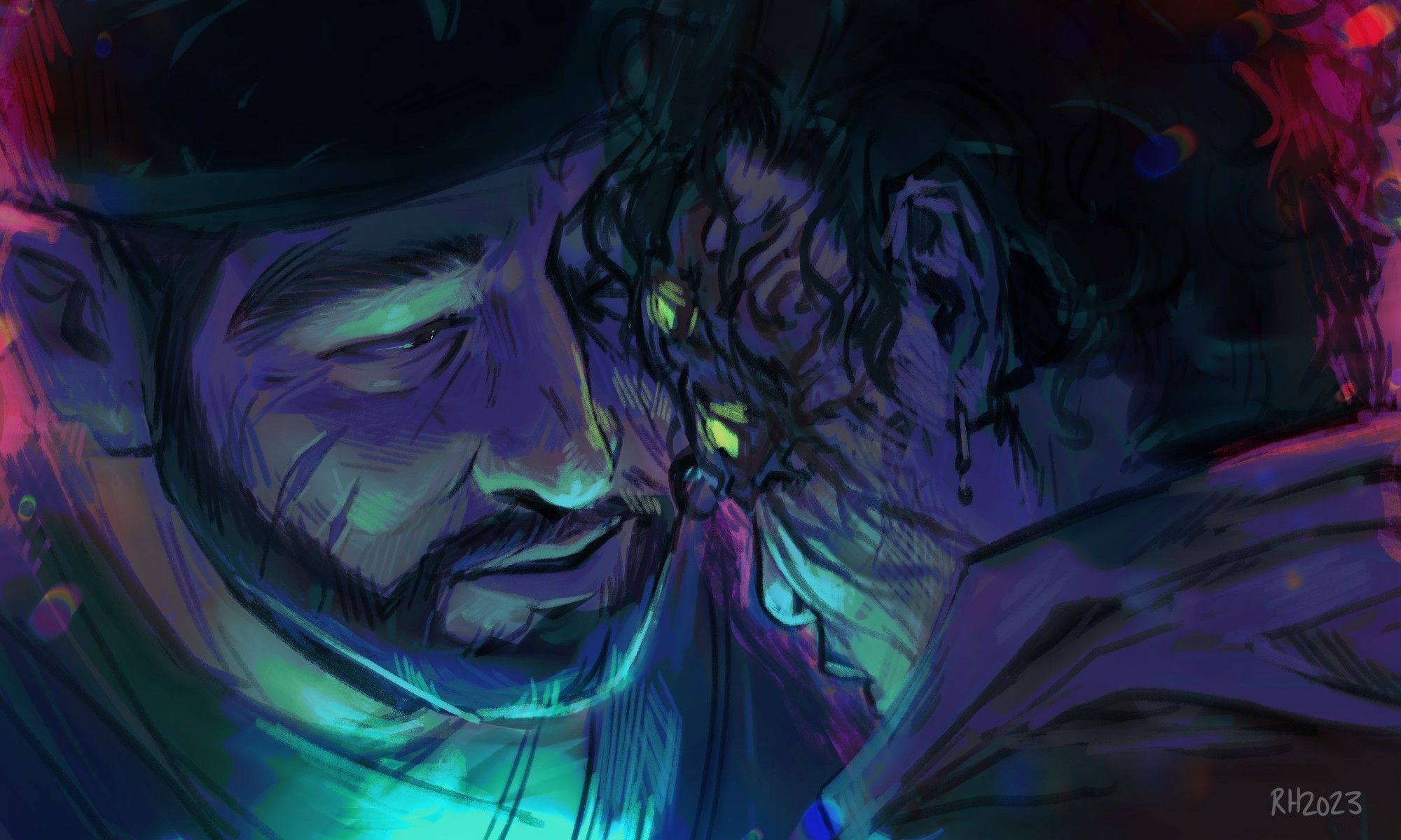 Characters from Destiny 2. A digital painting of Drifter and Eris without her mask and hat on, a close up shot of their faces close together. A bluish light is between them, illuminating their faces from below.