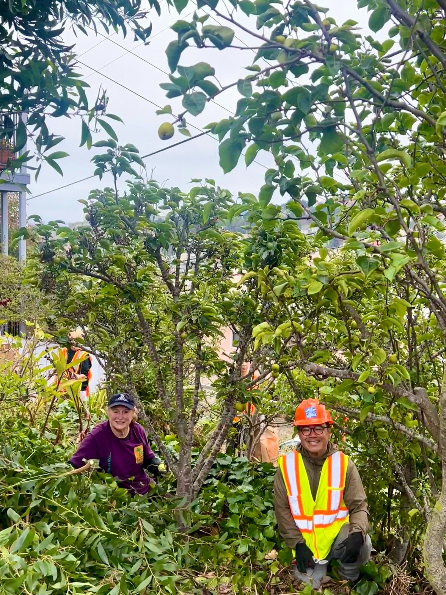 Garden steward Mary McClure, left, and Public Works gardener Shingo Kohara work side by side during the Sept. 21 Bridgeview Garden workday.