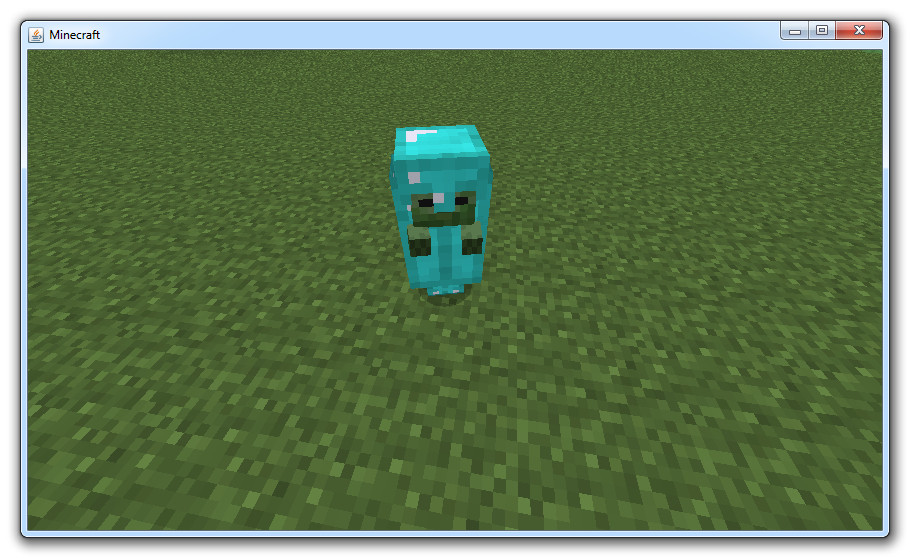 A minecraft baby zombie covered incorrectly in diamond armour, you can only see the hands and a part of the face sticking out
