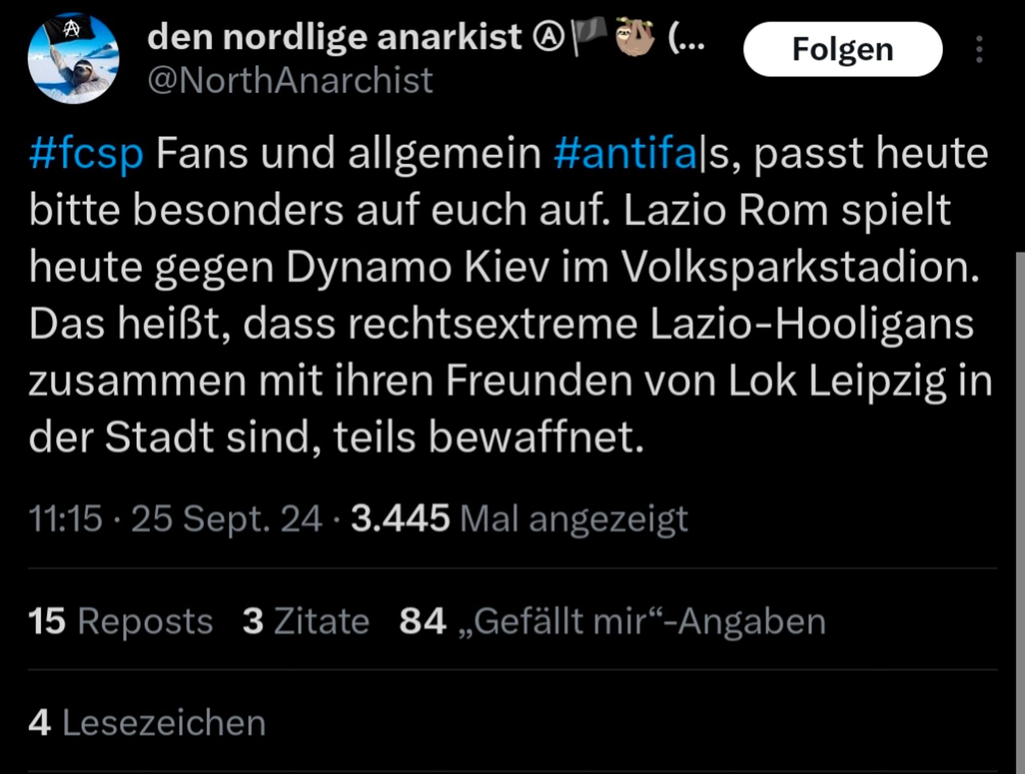 #fcsp Fans und allgemein #antifa|s, passt heute bitte besonders auf euch auf. Lazio Rom spielt heute gegen Dynamo Kiev im Volksparkstadion. Das heißt, dass rechtsextreme Lazio-Hooligans zusammen mit ihren Freunden von Lok Leipzig in der Stadt sind, teils bewaffnet.