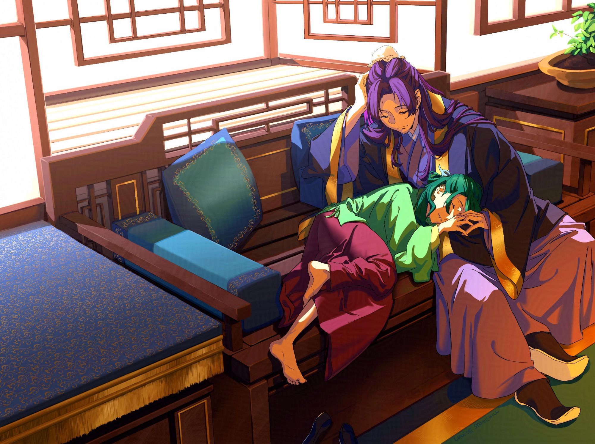 Illustration of Jinshi and Maomao from Apothecary Diaries, on a bench. She's lying down, sleeping with her head in his lap and their hands are intertwined