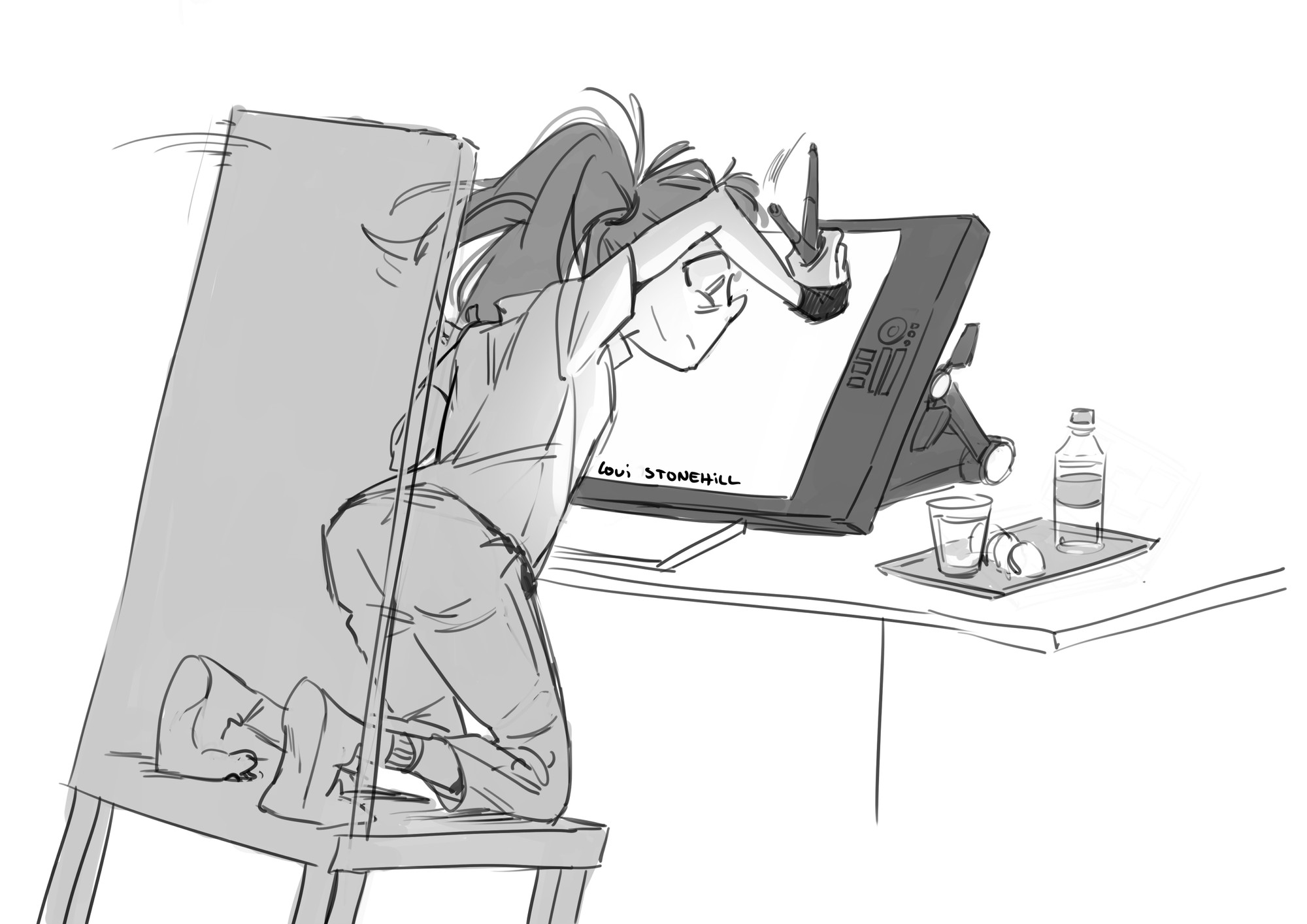 black and white sketch of a small artist with a screen tablet. She's kneeling on a chair which is tilting forward and her face is pressed against the screen