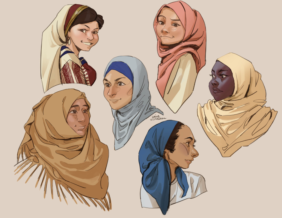 coloured sketches of women of different ethnicities in different styles of hijab