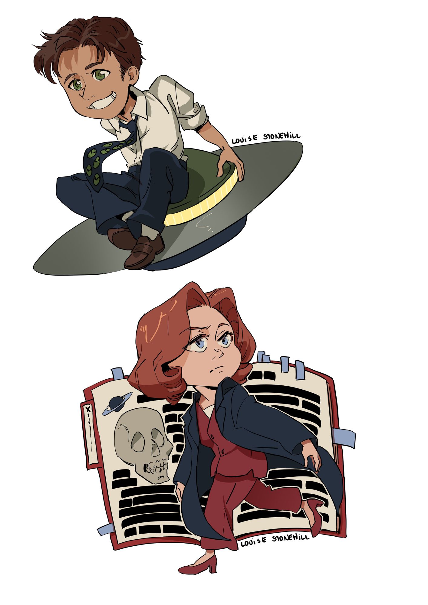 X Files Chibi illustration of Mulder sitting on a UFO and Scully in front of an open file with a scull on the back