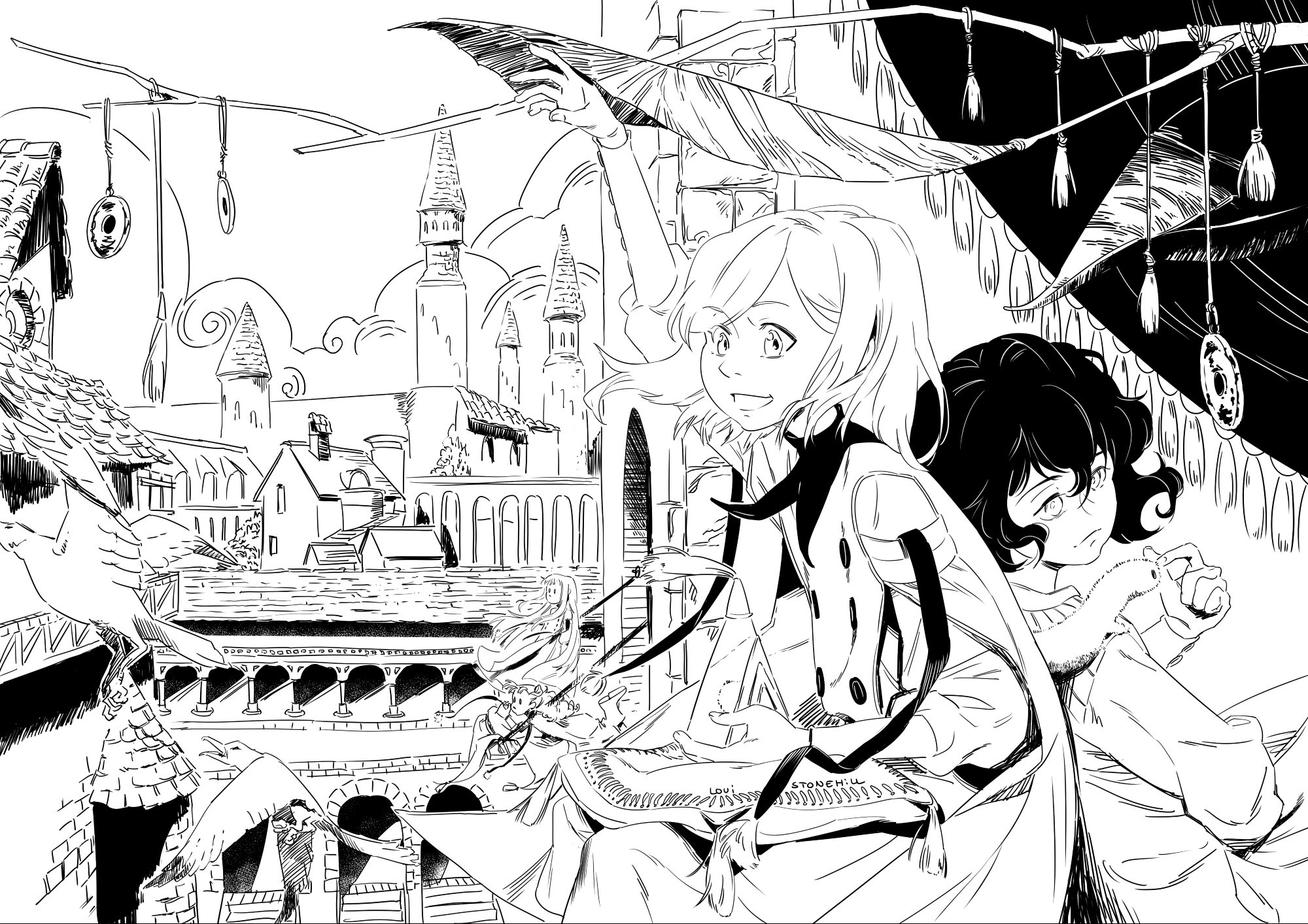 Black and white ink piece of Coco and Agott from Witch Hat Atelier sitting in a window. Agott is leaning against Coco and Coco is lifting a leaf and looking out into the world. In the background are houses and towers, and in the foreground a pair of white seagulls soaring into the sky