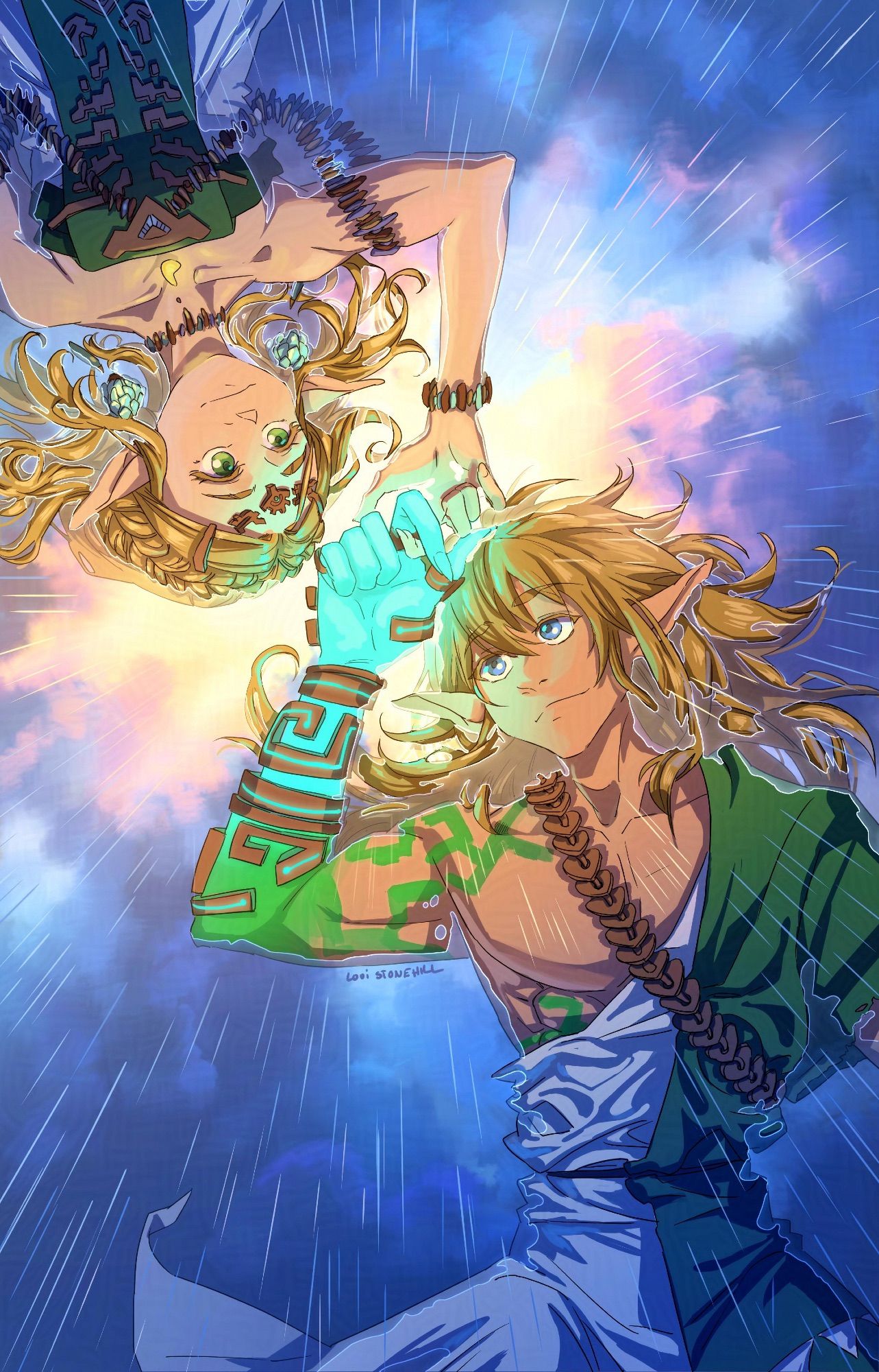 Illustration of Link and Zelda from Tears of the Kingdom. They're lying in a lake with rain falling all around them and the sun breaking through the clouds in the reflection underneath their heads. Their hands and arms form a Z where they're linked together