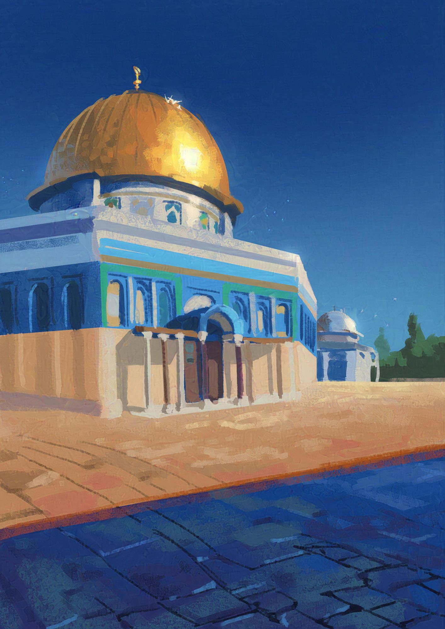 Painting of Al Aqsa Mosque under a clear blue sky. White doves sit on the golden dome