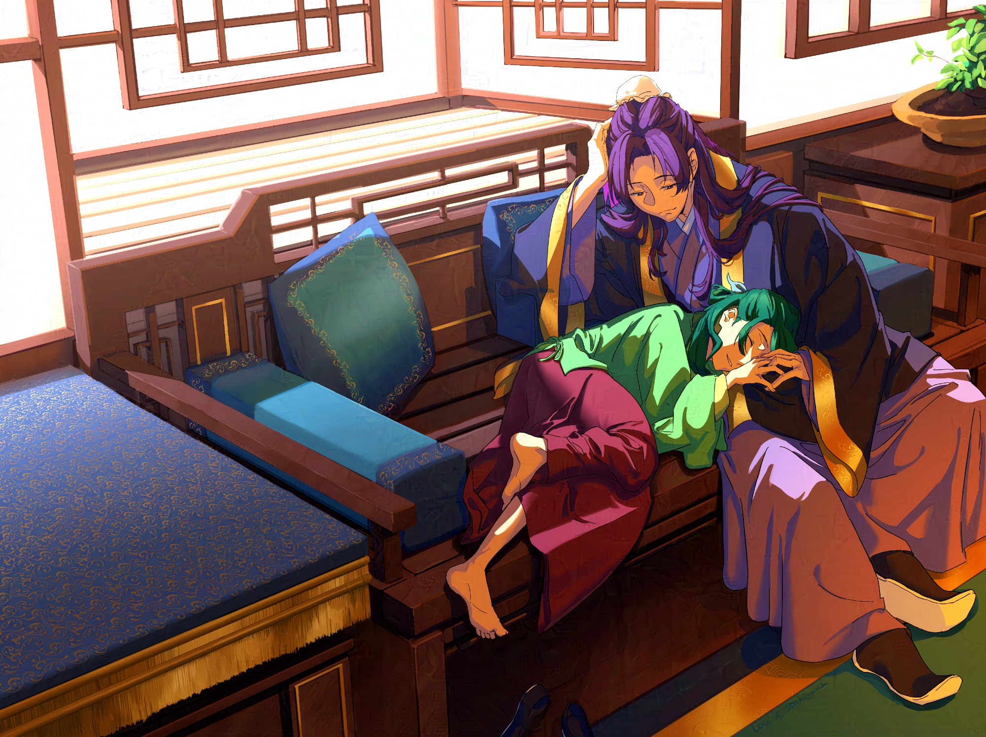 Illustration of Maomao from Apothecary Diaries sleeping on a wooden sofa, with her hed resting in Jinshi's lap. Their fingers are intertwined, and bright sunlight falls through windows behind them