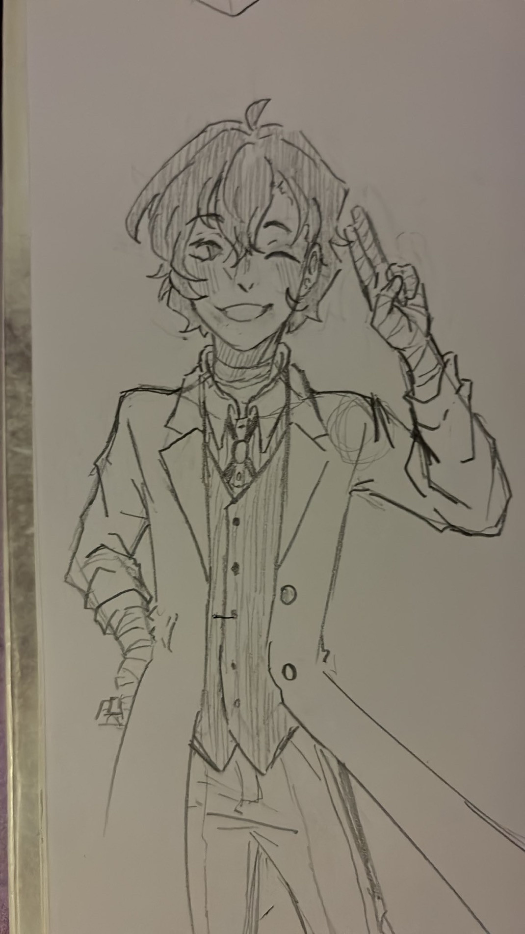 Dazai winking with hair behind his ear