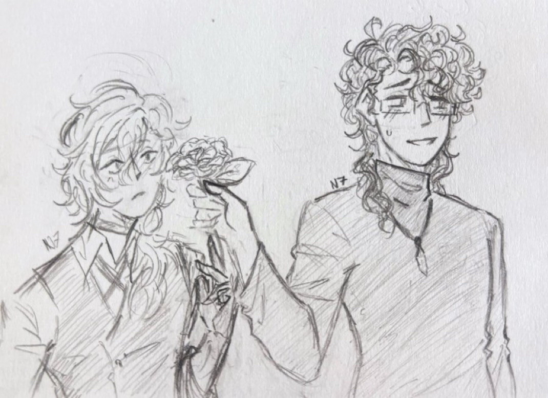 Yumeship/self ship art of Chuuya Nakahara from Bungou Stray Dogs on the left and me on the right. I’m handing Chuuya a rose while looking away and Chuuya is shocked.