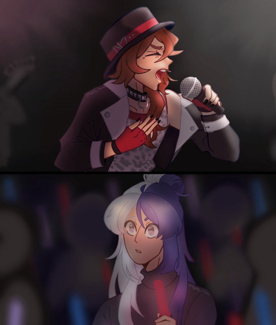 Ship art of Sigma x Chuuya (Sigchuu) from Bungou Stray Dogs. Chuuya is a rockstar singing on stage while Sigma is a fan in the crowd, watching him in amazement.