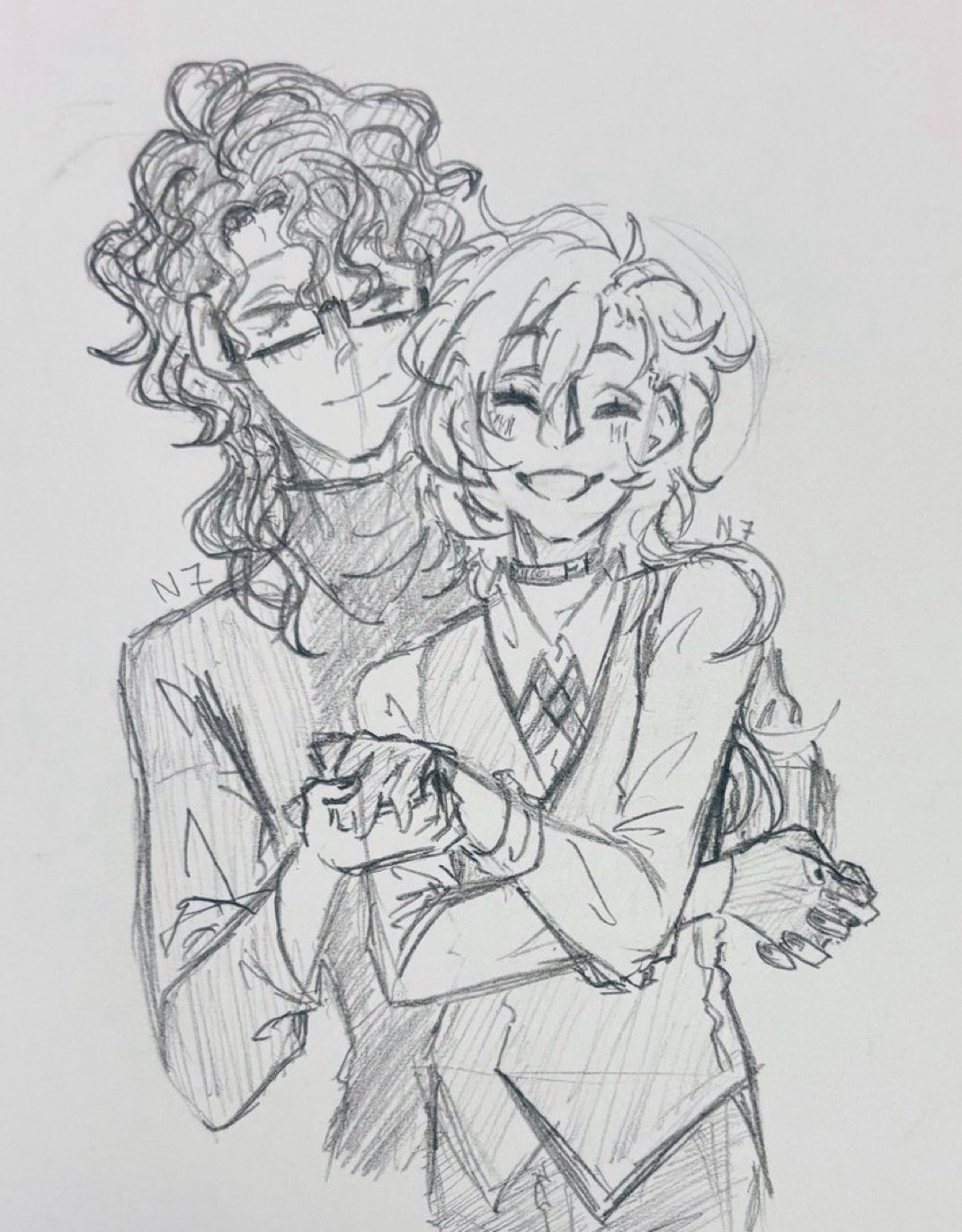 Selfship/Yumeship art of Chuuya Nakahara from Bungou Stray Dogs (Right) and me (Left). I’m standing behind Chuuya in the drawing, holding both of his hands as he smiles.