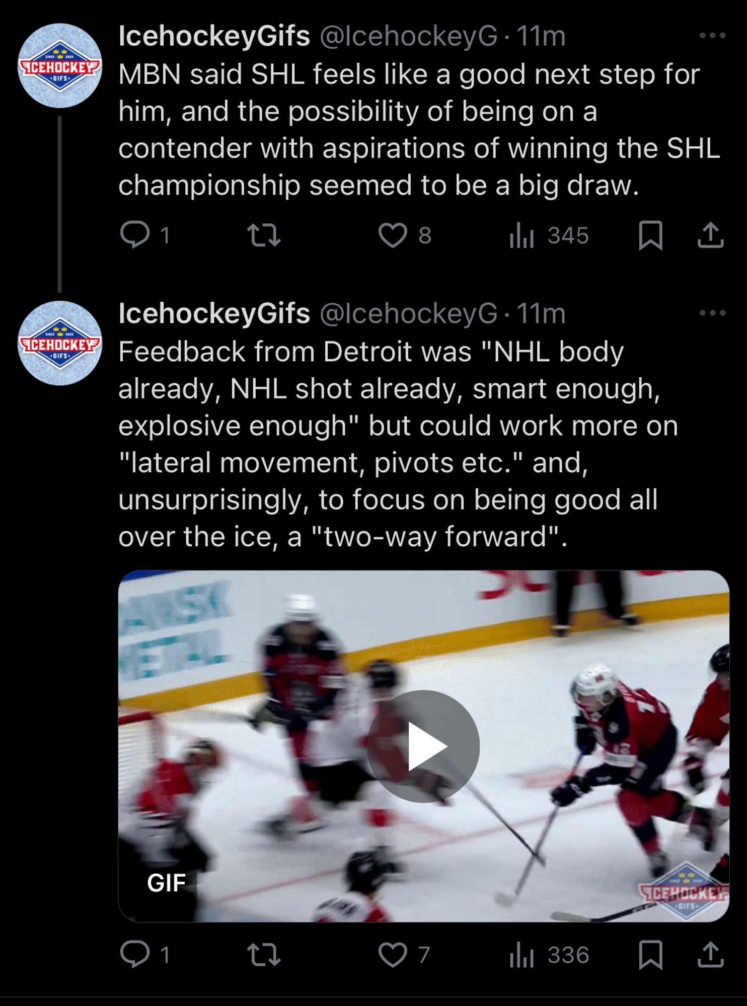 Continued:

MBN said SHL feels like a good next step for him, and the possibility of being on a contender with aspirations of winning the SHL championship seemed to be a big draw.

Feedback from Detroit was "NHL body already, NHL shot already, smart enough, explosive enough" but could work more on
"lateral movement, pivots etc." and, unsurprisingly, to focus on being good all over the ice, a "two-way forward"