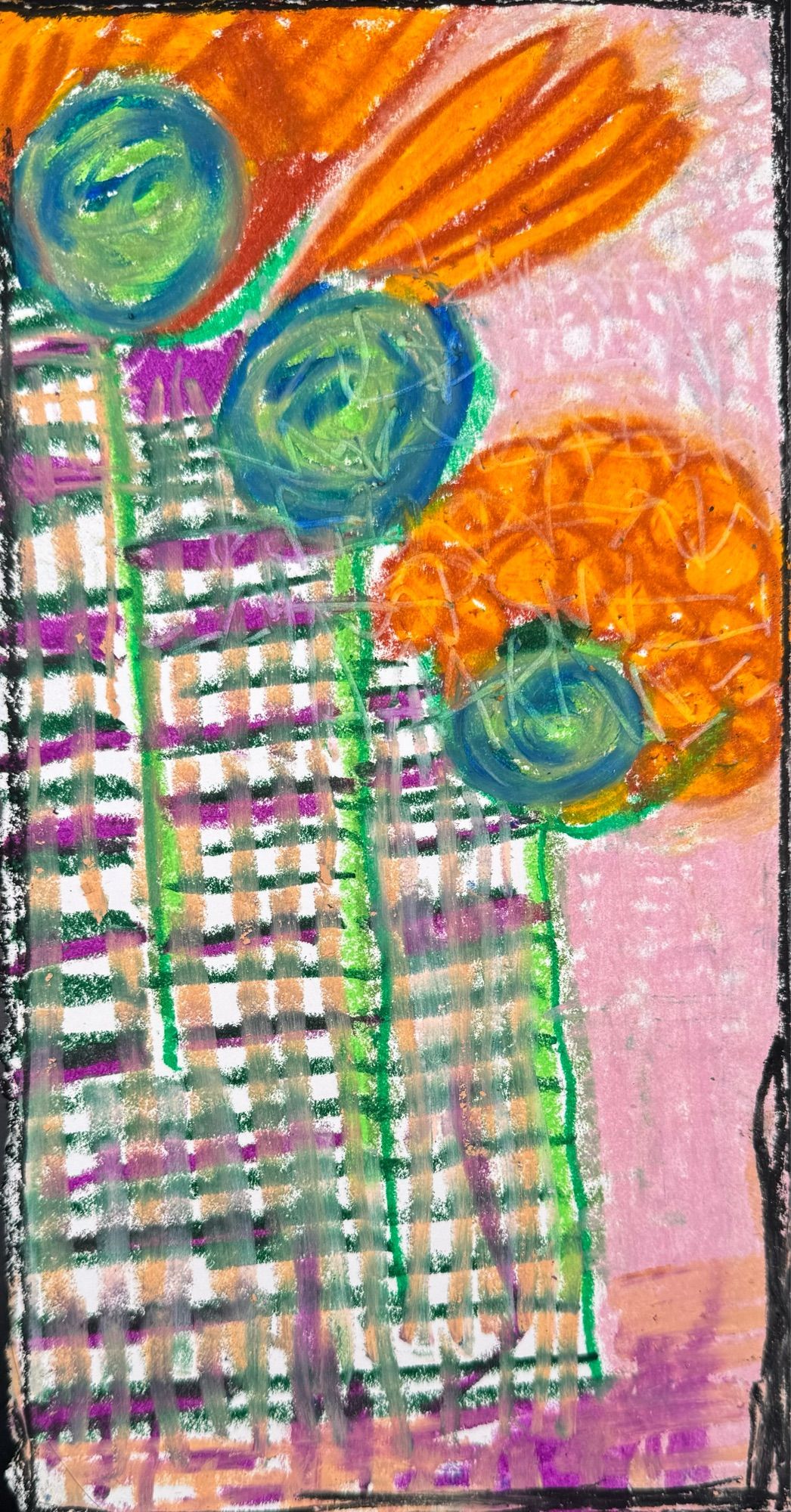 Oil pastels on cotton paper. Abstract. As if Orange flower kaiju grow along side skyscrapers