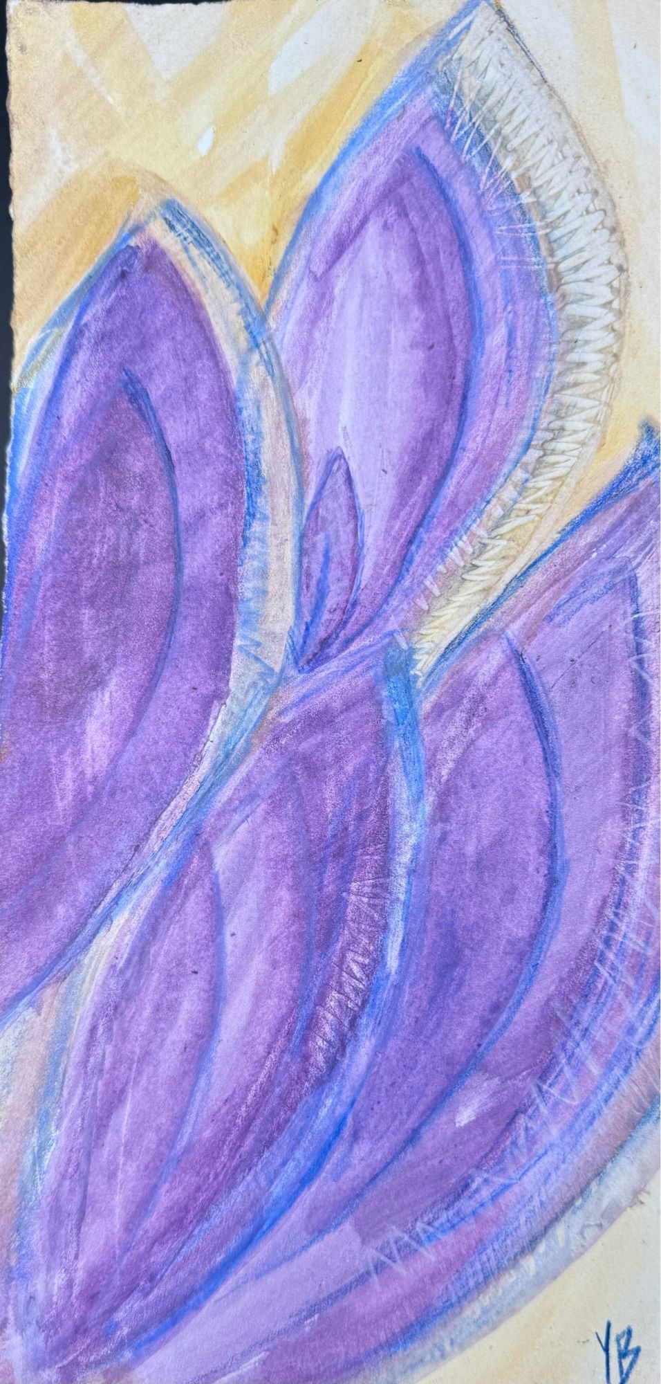 Watercolor and color pencil on cotton paper. Abstract of big purple and blue petal shapes. It’s just some shapes, I don’t know, sometimes it’s just shapes. Watercolors on cotton paper is the worst medium. Was I even doing anything with intention? What a waste of a piece of paper. The faded voice of the Cocreator in white ascemic writing lines the petals to create depth I guess.