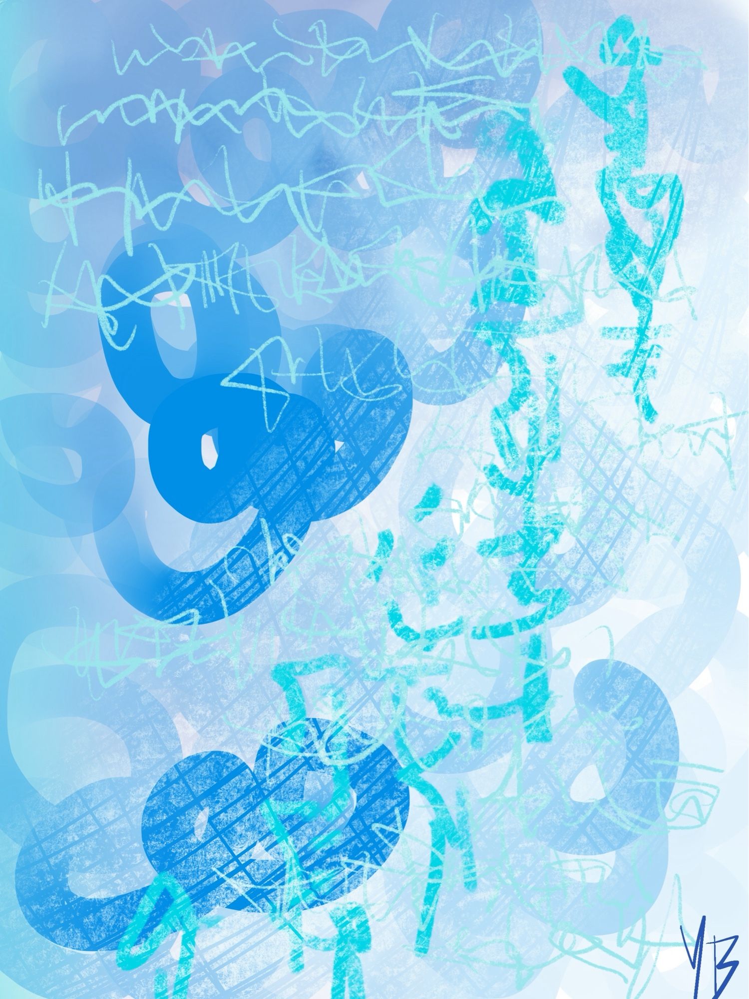 Digital painting in blues. Abstract. Swirly and cloud like.