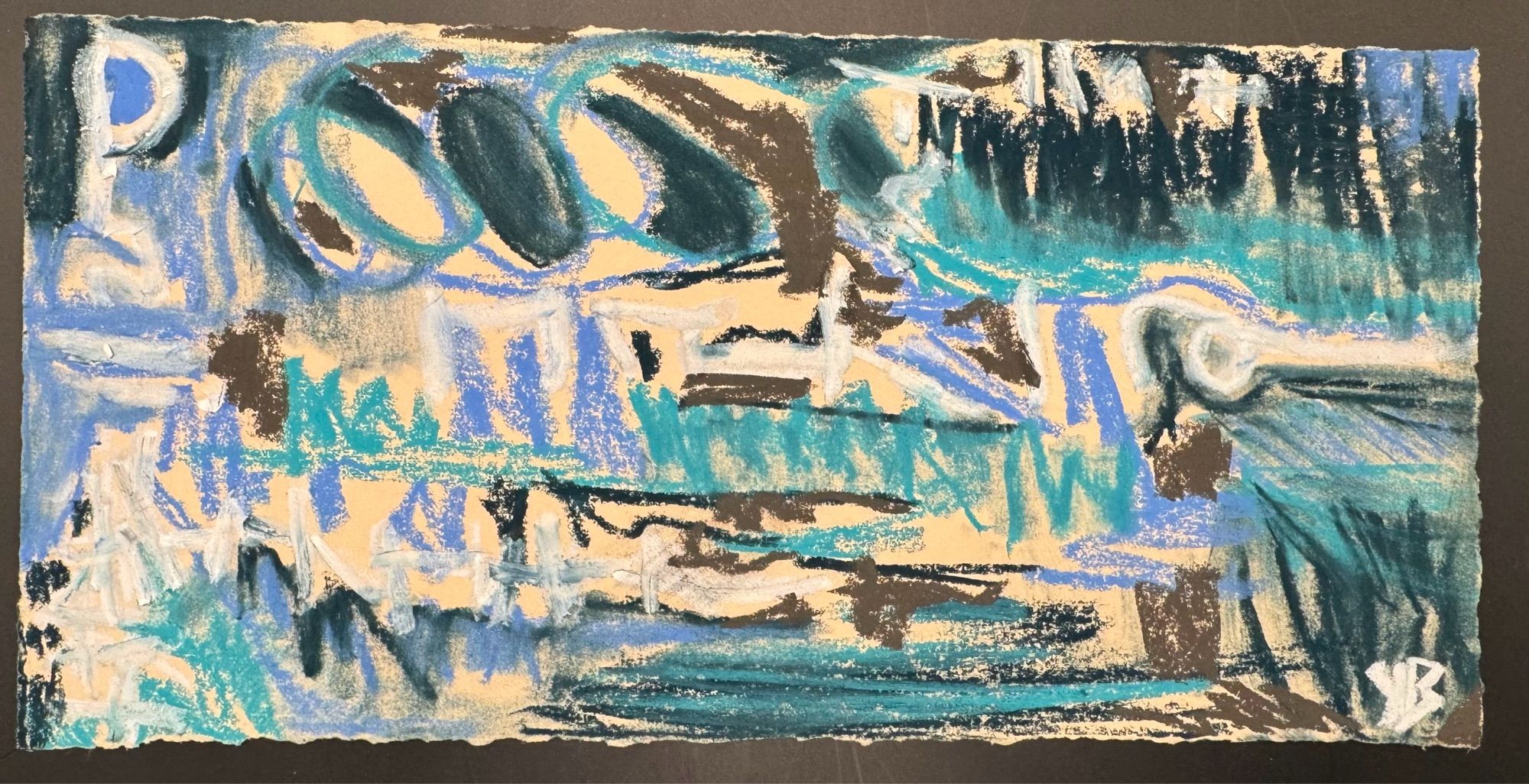 Pastel crayon on taupe cotton paper. Abstract. Three shades of blue with brown. Ascemic writing in white. The Cocreator’s voice whispers through the water.