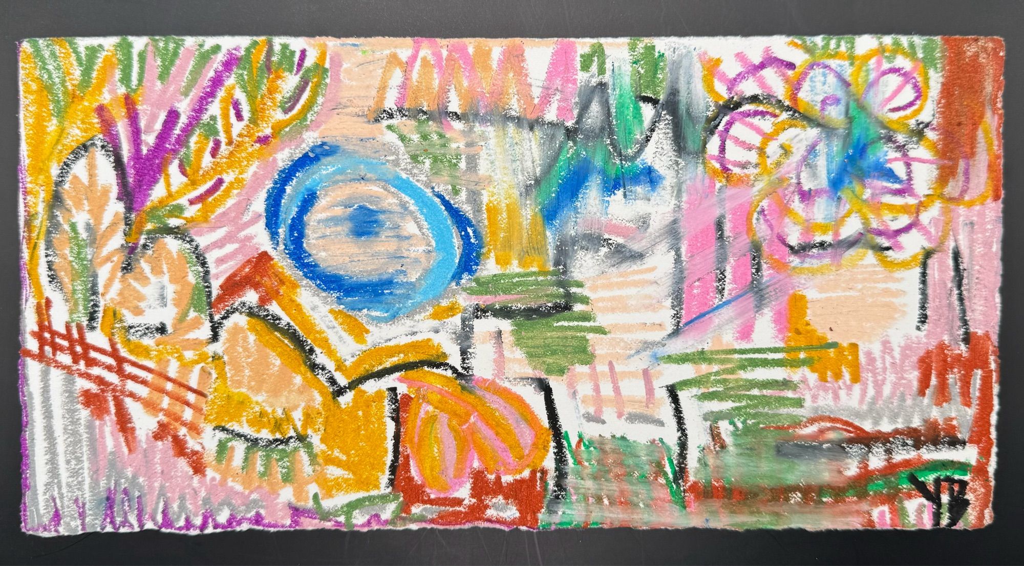 Oil pastel on taupe cotton canvas. Abstract in pinks, yellows, oranges. A symbolic landscape of tiferet.