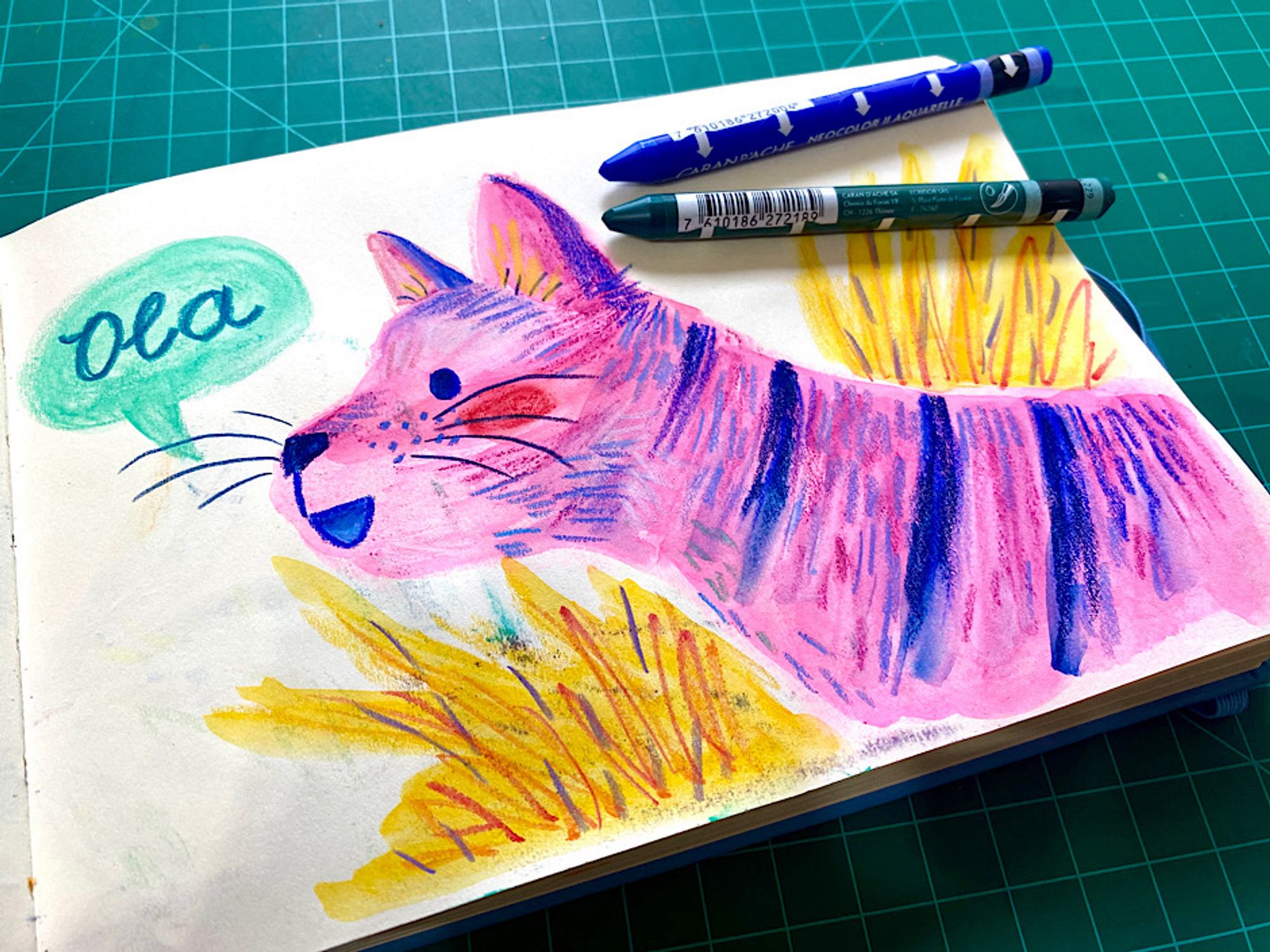 Pink cat with blue stripes saying Ola. Neocolor 2 over soft pastel and watercolor