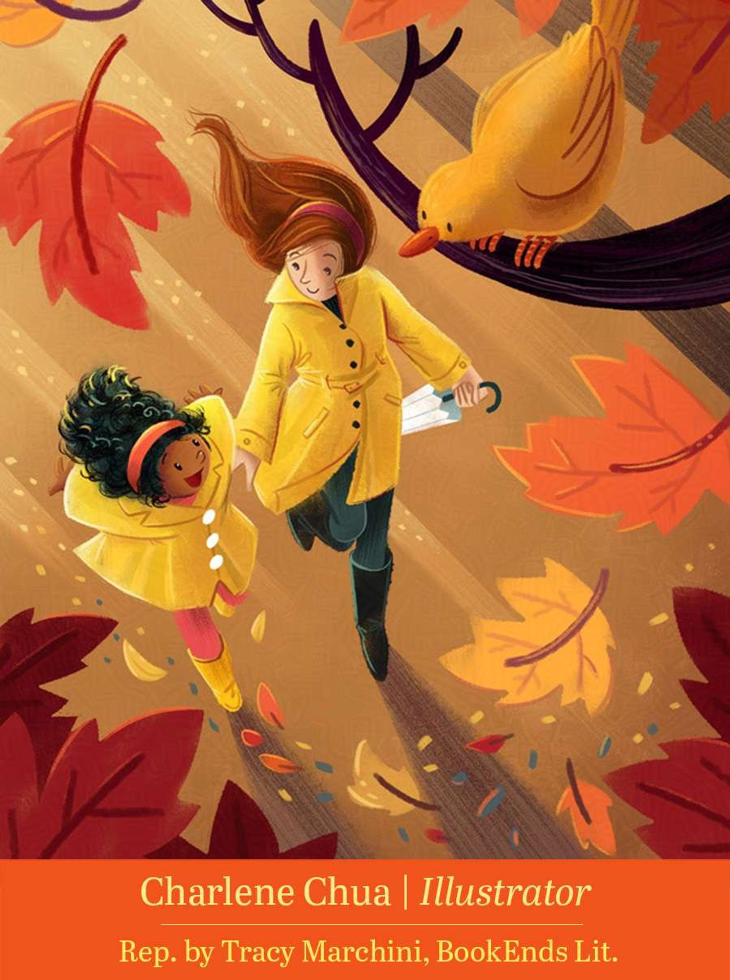 Illustration of a mother and daughter in yellow raincoats walking while autumn leaves fall around them. a yellow bird in a tree looks down at them from a branch.