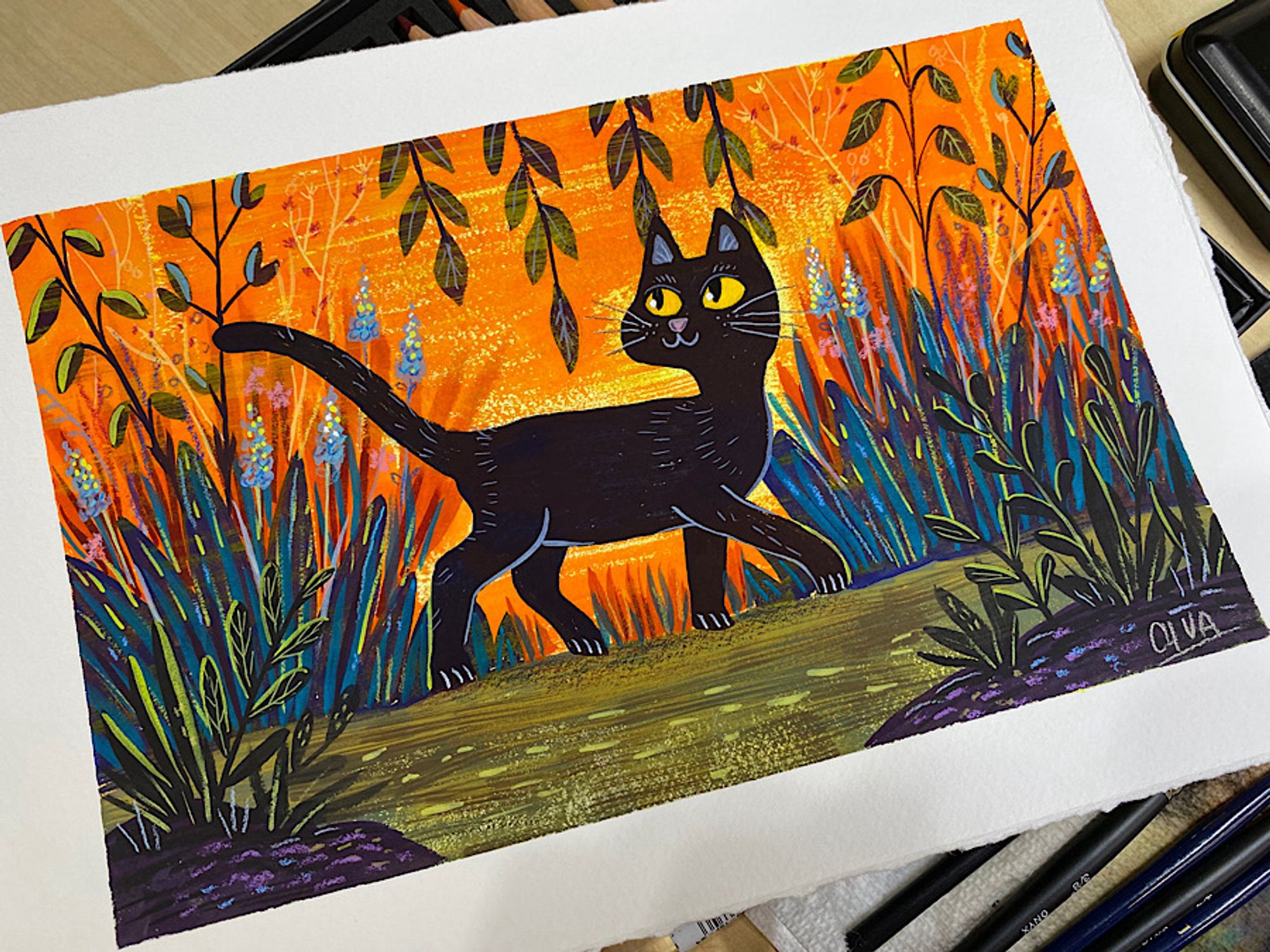 Painting of black cat with yellow eyes on orange background with foilage