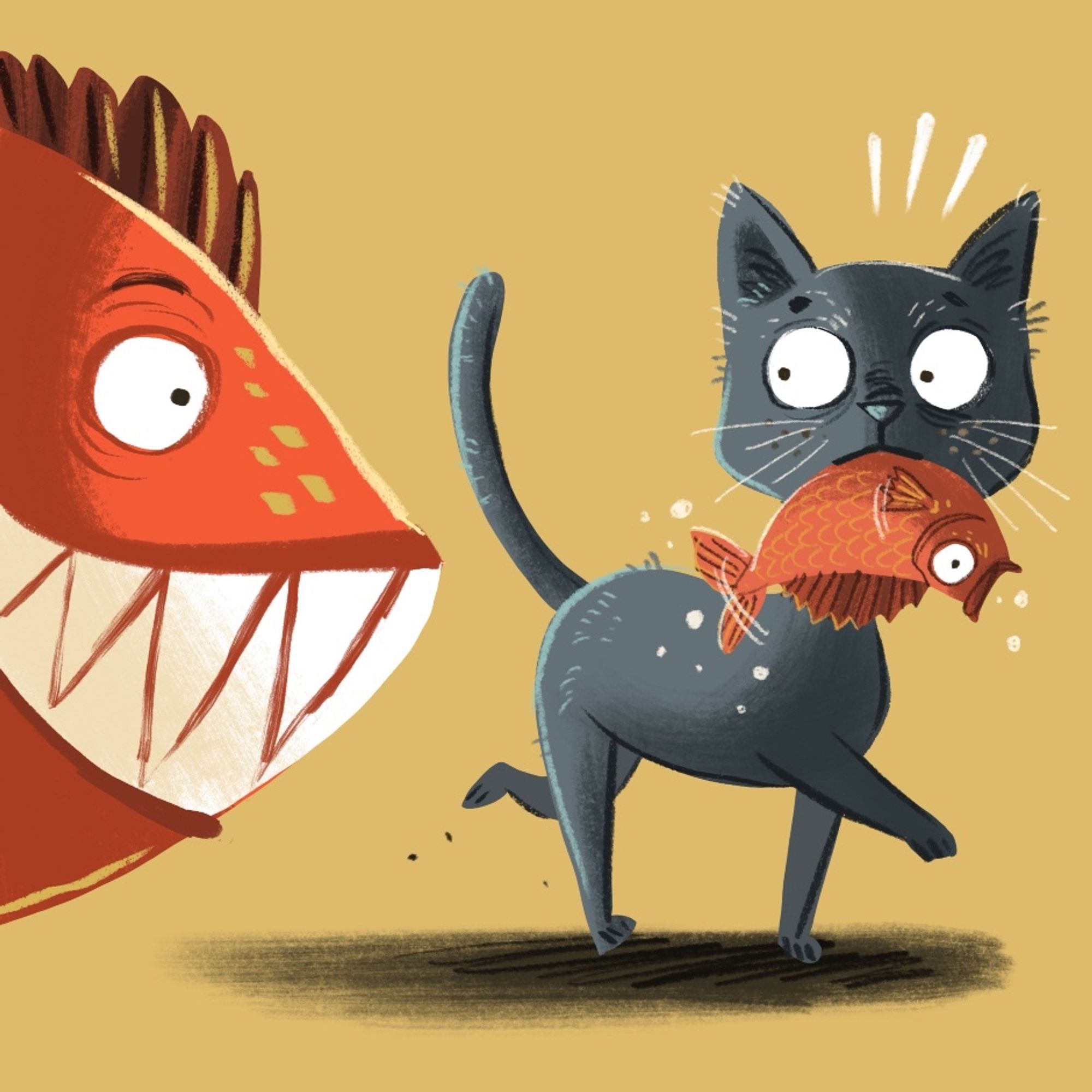 Grey cat with fish in mouth, looking nervously at giant grinning fish with pointy teeth