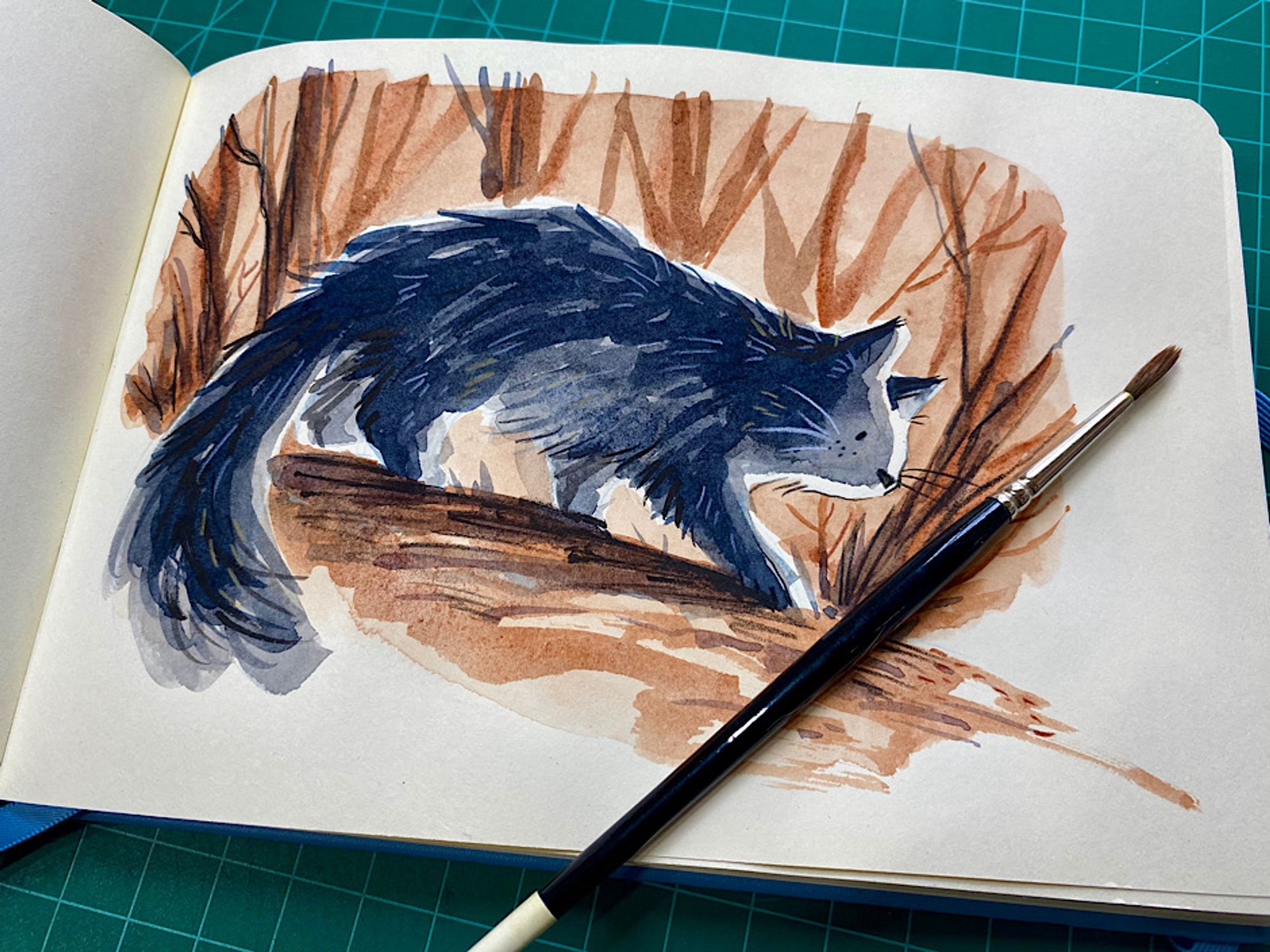 Watercolor sketch of a grey cat in a brown forest