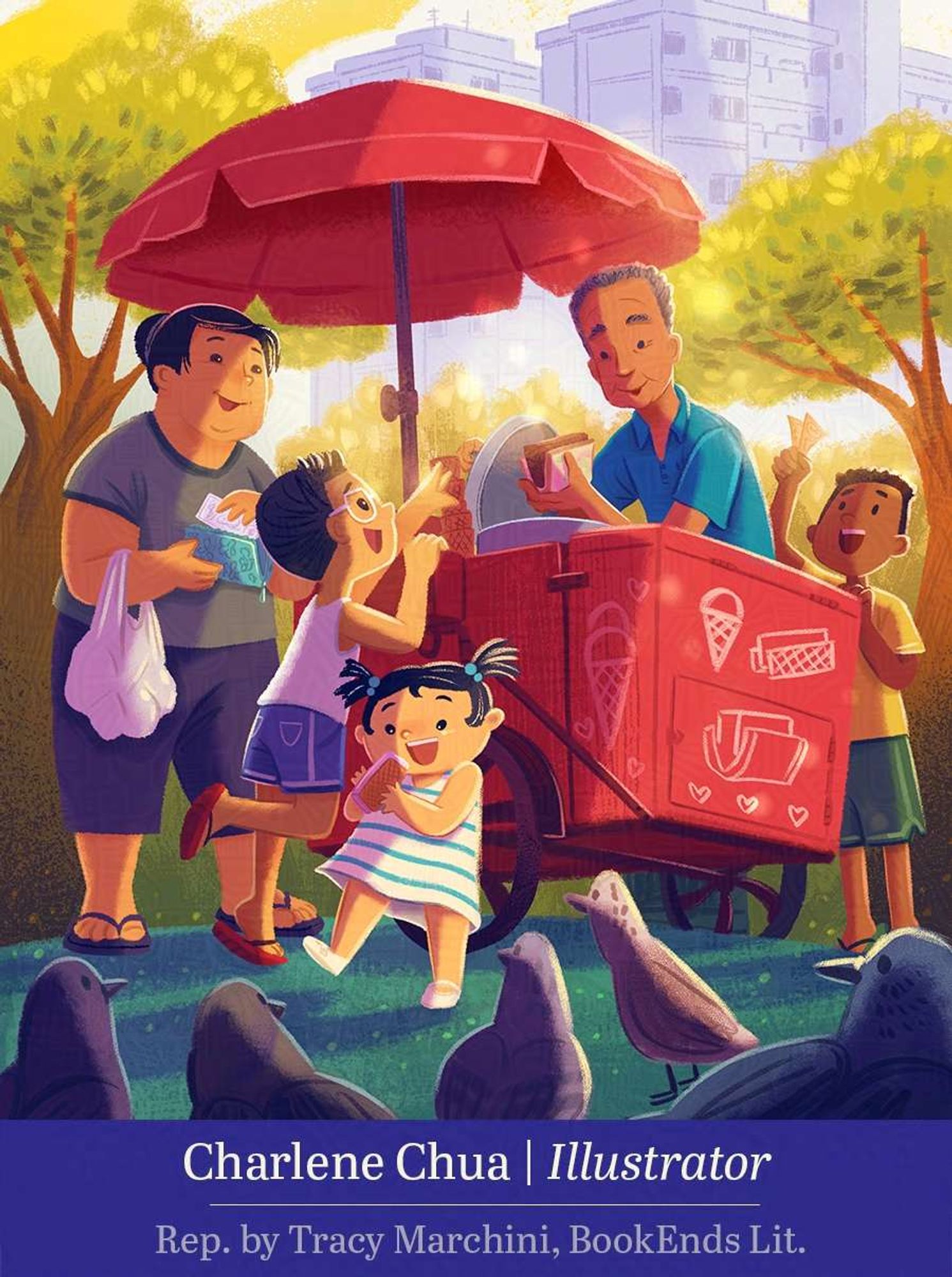 Illustration of children in Singapore getting ice cream from an elderly ice cream seller on a hot sunny day. Pigeons look on in the foreground. Text reads Charlene Chua, illustrator, repped by Tracy Marchini, BookEnds Literary