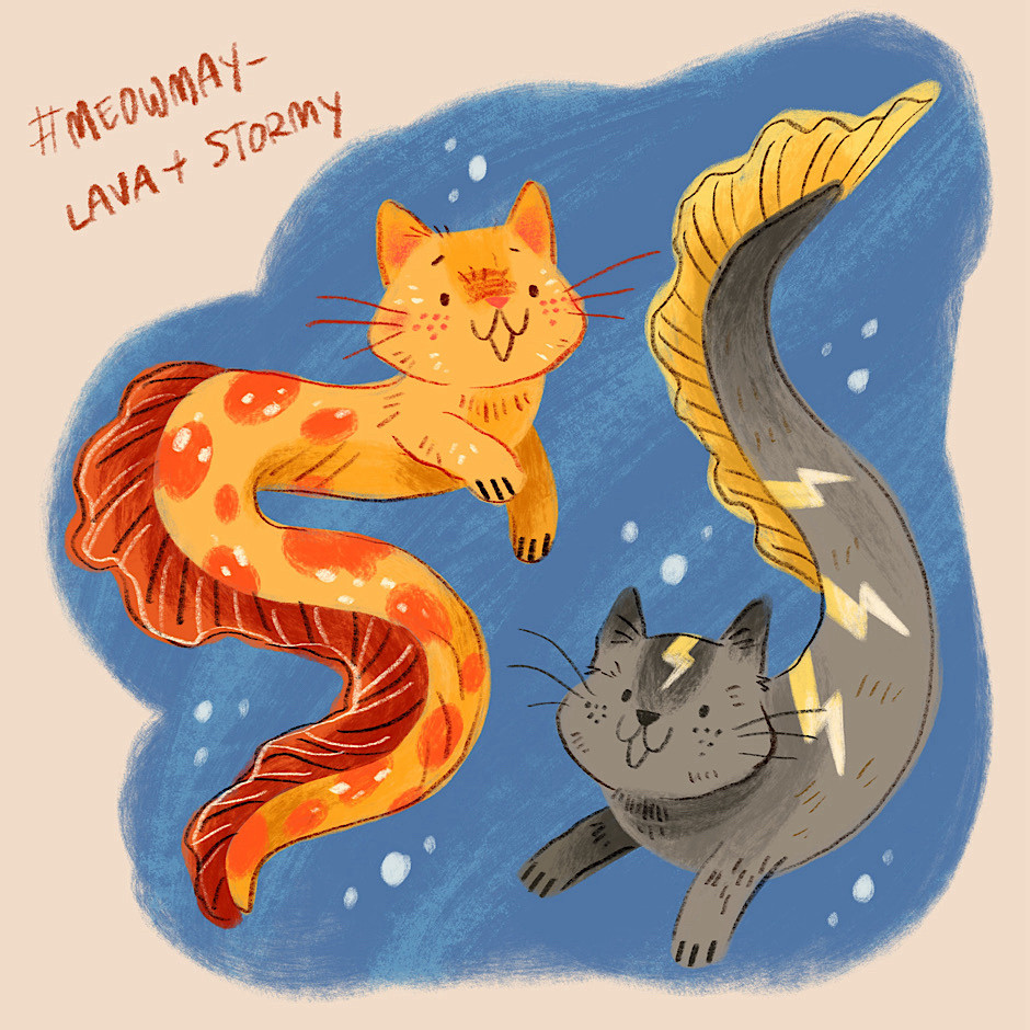 Drawing of eel-like cats; one is orange with red fins and the other is grey with yellow fins and a lightning pattern.