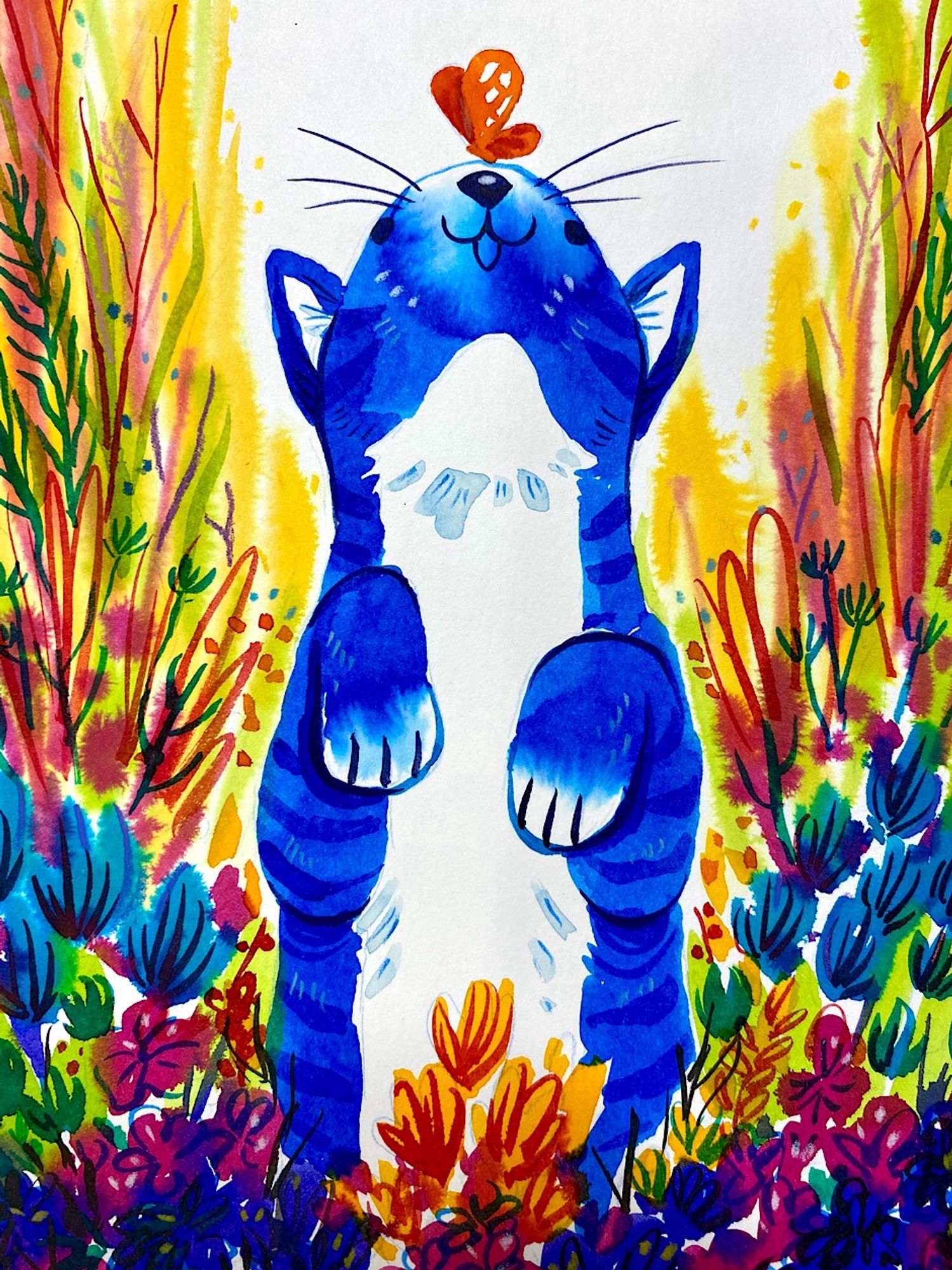 Blue striped cat with colorful flowers, looking up at butterfly on nose