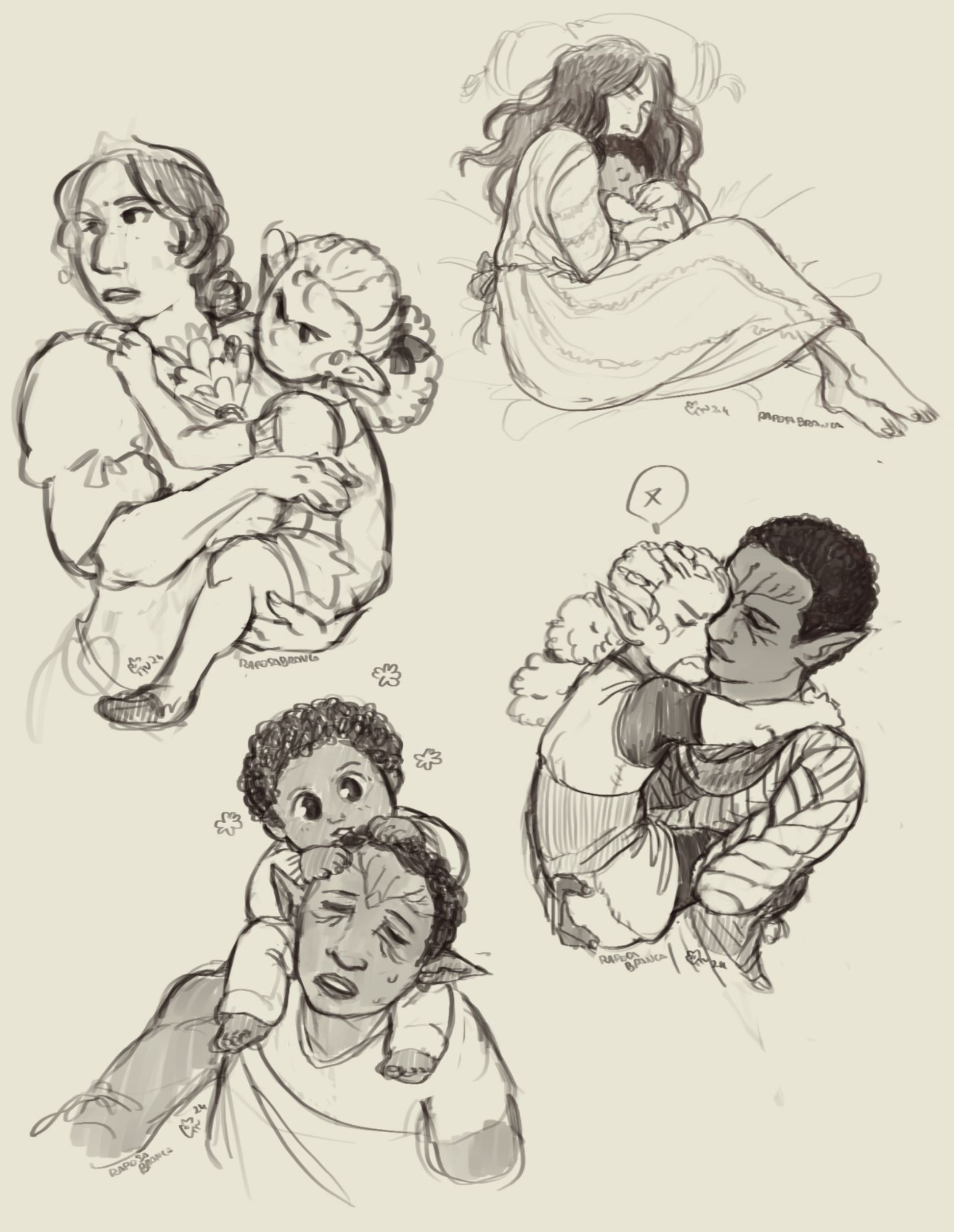 A set of 4 grayscale sketches. One is a half-body of Josephine Montilyet​ holding a frowning elven girl with tightly curly hair on a ponytail. Josephine and the girl seem to be speaking with someone out of frame. The second has Josephine laying down and cuddling a dark skinned baby, both sleeping peacefully. The third is a half-body art of Inquisitor Jodianna Lavellan (black dalish elf with short kinky hair) holding the elven little girl. The girl has an annoyed expression and her arms and legs around Jodianna's neck and waist. She's letting out a speech bubble with an "X". Jodianna has a peaceful expression as she holds the girl with her right arm and what stump of her left arm, and they are cuddling. The fourth sketch is a half-body of Jodianna with a tired face, as if she's sighing, and the black baby boy is balancing himself on her shoulders and grabbing her hair. He has a sweet smile and big dark eyes looking at the "camera".