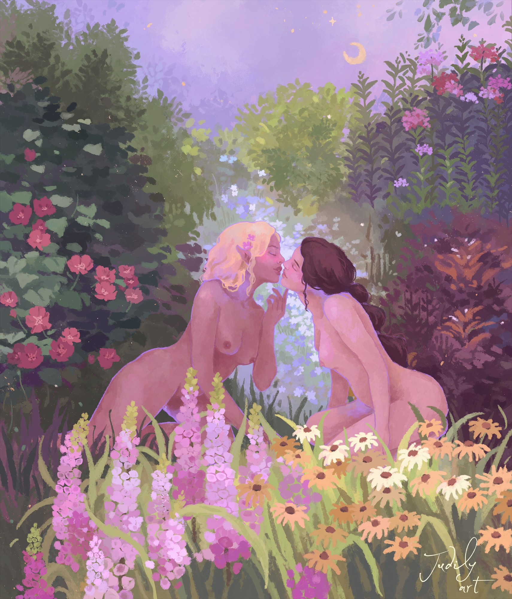 two nude women sitting among a garden of flowers and plants, leaning in for a kiss. the pose is inspired by a picture from an old play