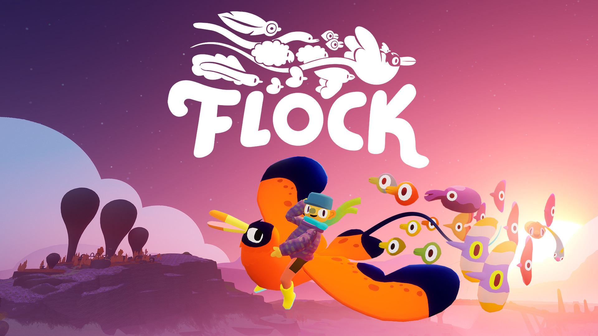 Key art for FLOCK: a bird and its rider flying along with a flock of creatures following it, with the sun rising in the background