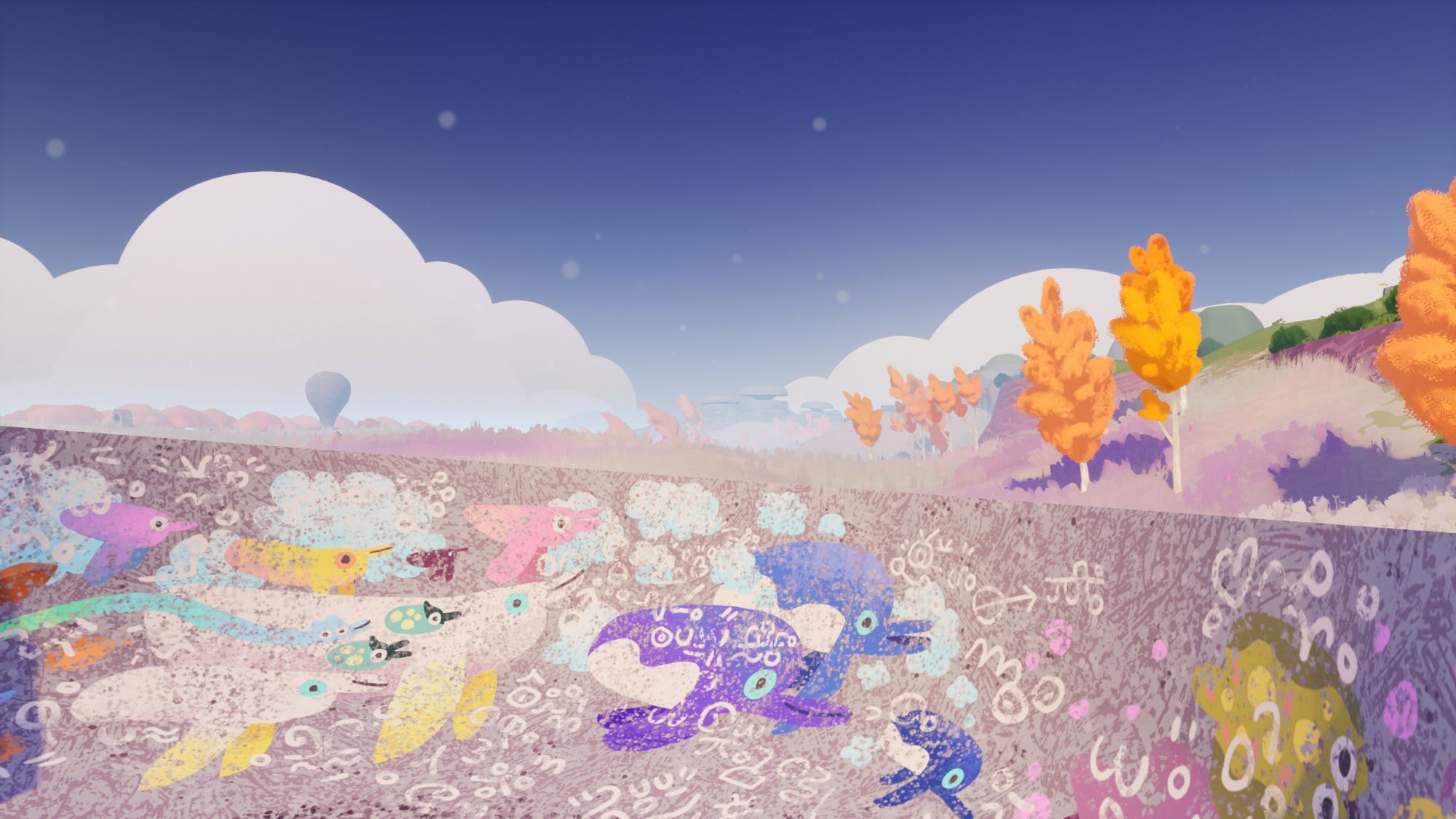 a landscape from the videogame FLOCK: a concrete surface covered in grafittied flying creatures in the foreground, trees and sky beyond.