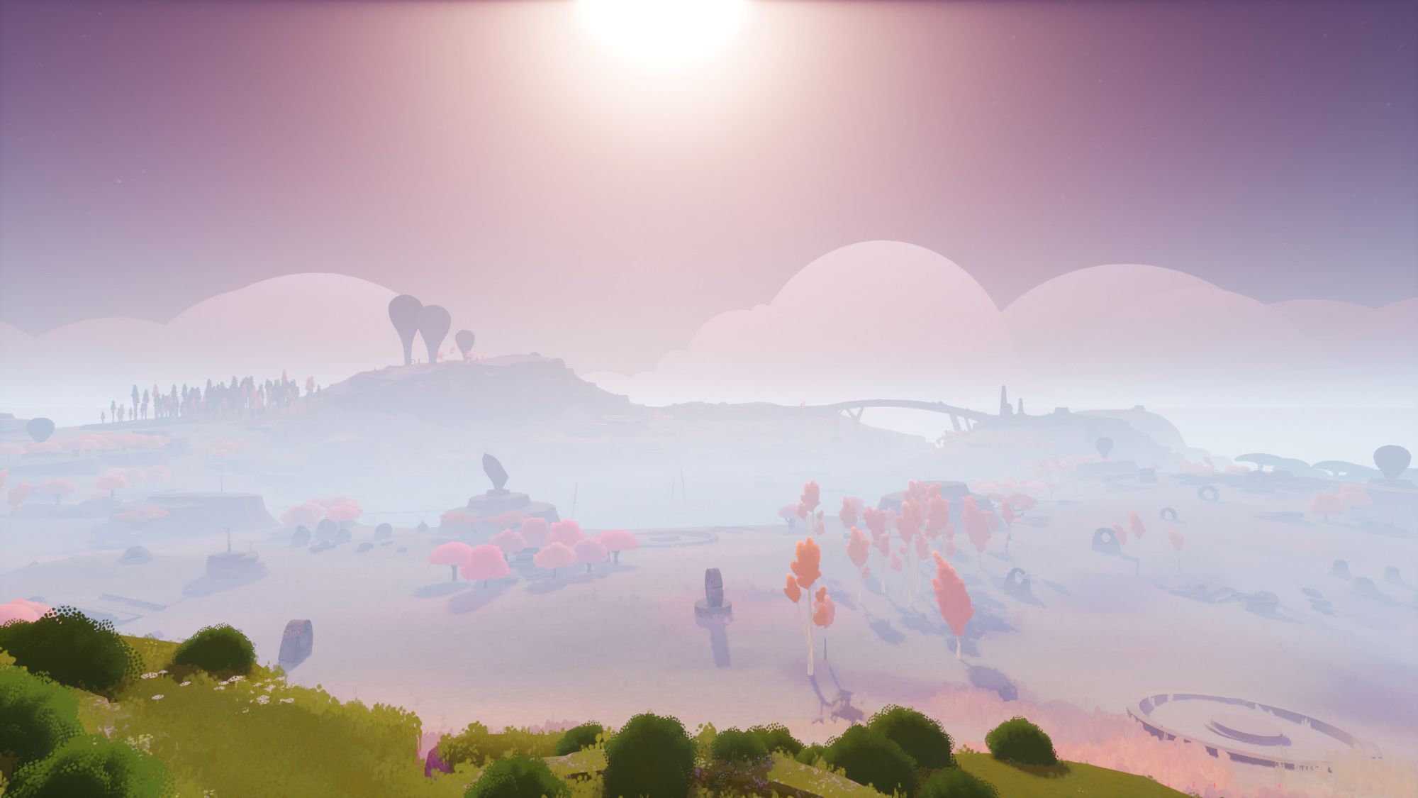 a landscape from the videogame FLOCK: some grass in the foreground; a hazy view of a grassland beyond, with some water towers on the horizon.