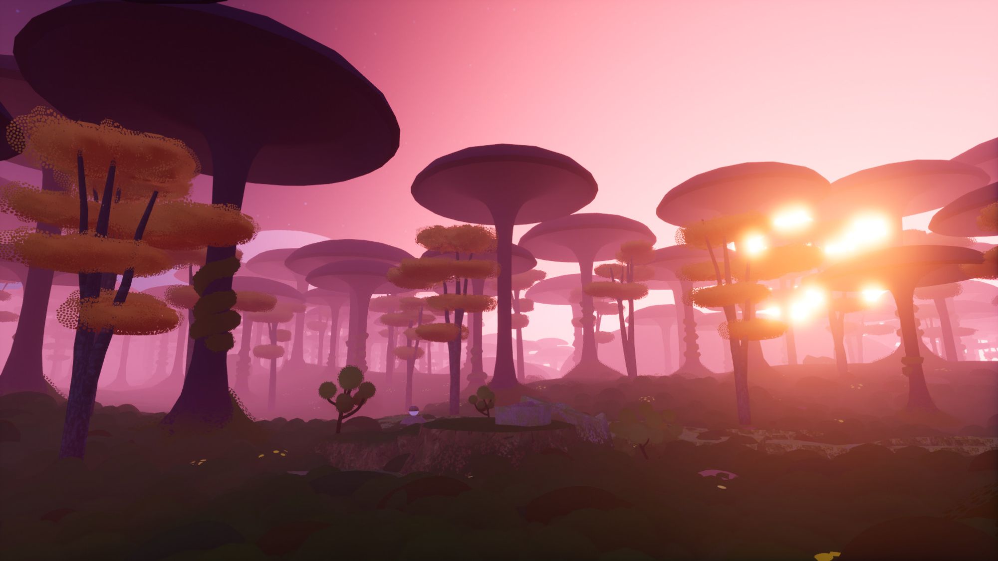 a landscape from the videogame FLOCK: a forest of mushroom structures with the sun setting behind them.