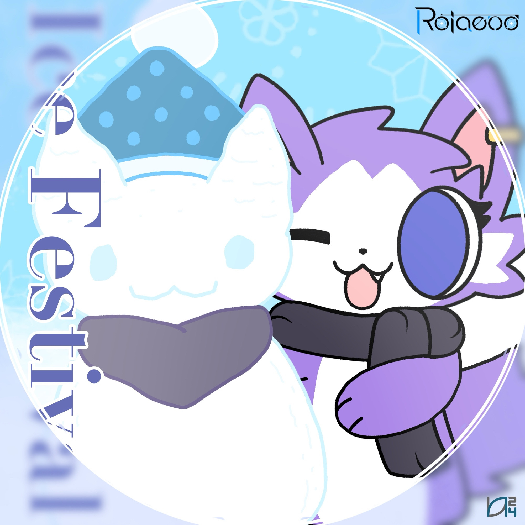 A jacket art cover from a rhythm game Rotaeno, drawn from scratch

Features a blue snowy pattern background, starring a purple fox with a scarf, building her snowman, with surrounding circle borders

Song: Nota - Ice Festival