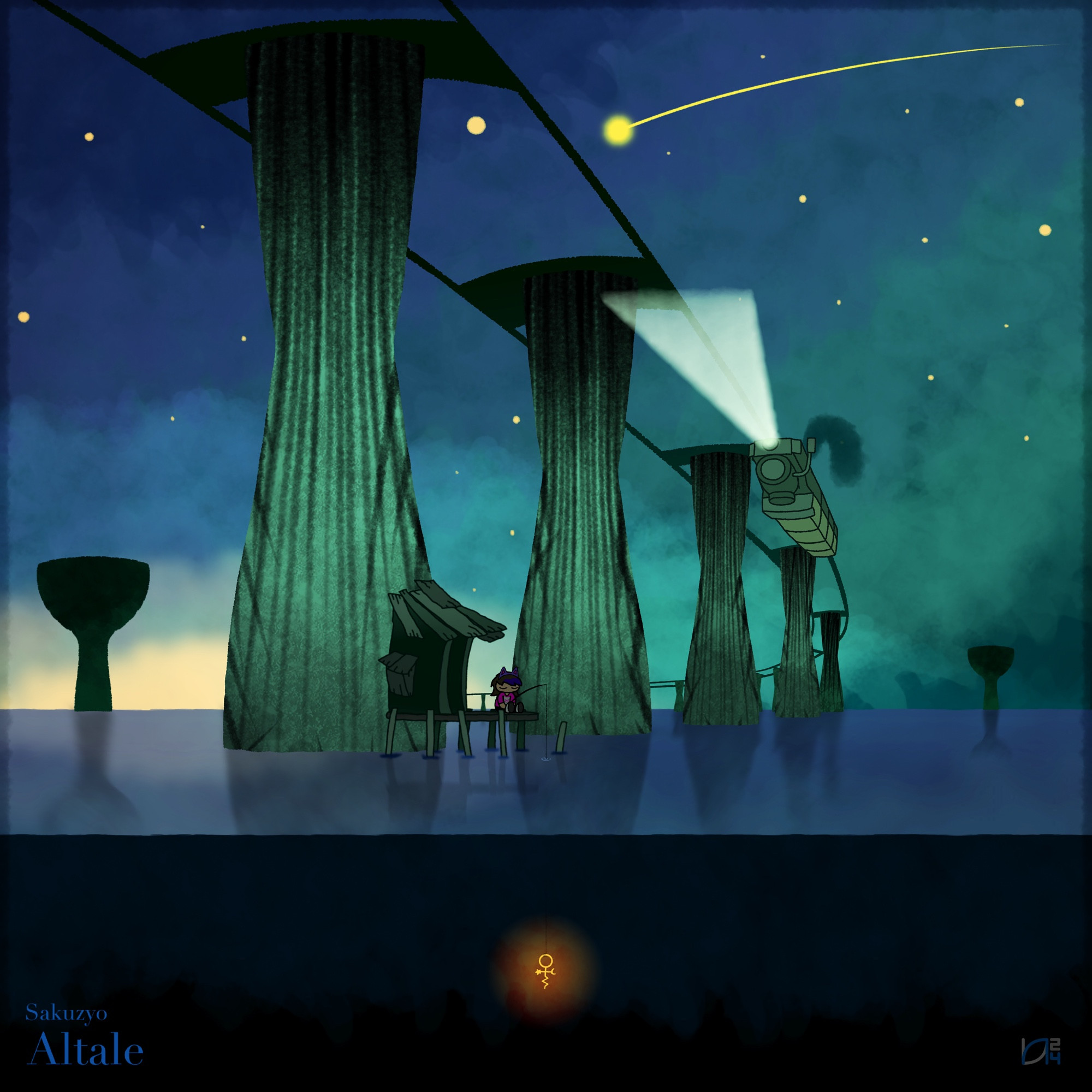 A fairytale shot from an animated music video by Sakuzyo, drawn from scratch

A girl fishing on the middle of the ocean, with a glowing key beneath underwater, with surrounding structures of train rails, with a train being upside down, and a meteor shower from the bluish-green sky

Song: Sakuzyo - Altale