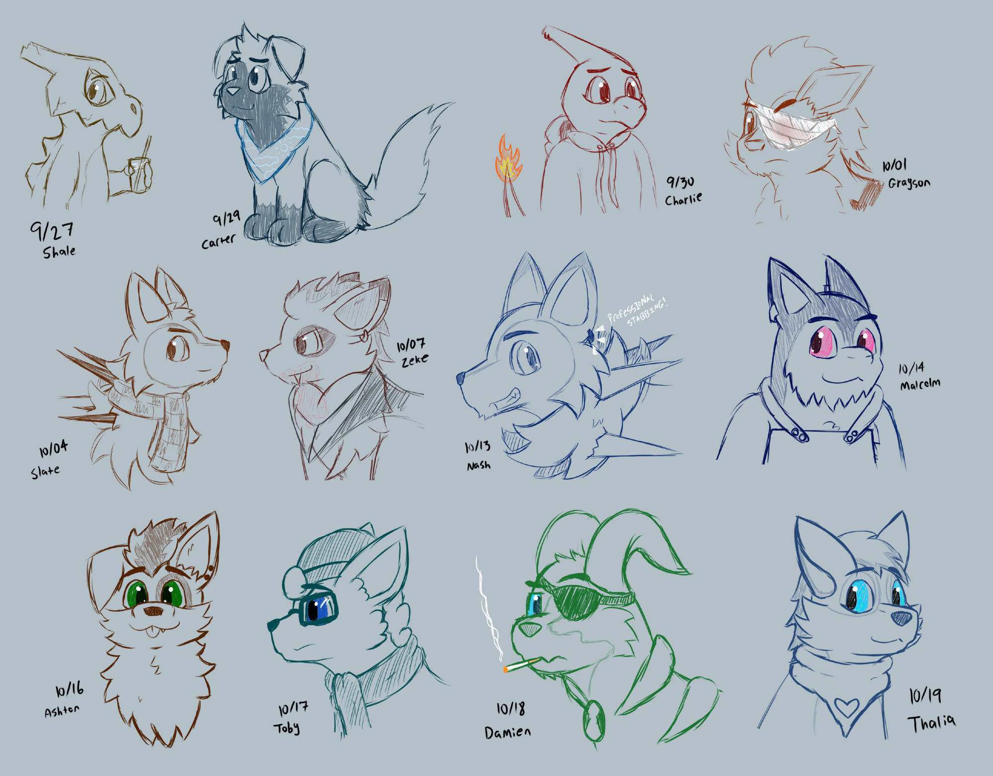 A sketchpage of twelve doodles, mostly busts/headshots, of some of my OCs. 
In order from left to right, top to bottom, they are Shale (Cubone), Carter (Poochyena), Charlie (Charmeleon), Grayson (Arcanine), Slate, (Midday Lycanroc) Zeke (Zorua), My sona Nash (Midday Lycanroc), Malcolm (Typhlosion), Ashton (Growlithe), Toby (Alolan Vulpix), Damien (Houndoom), and Thalia (Boltund). 