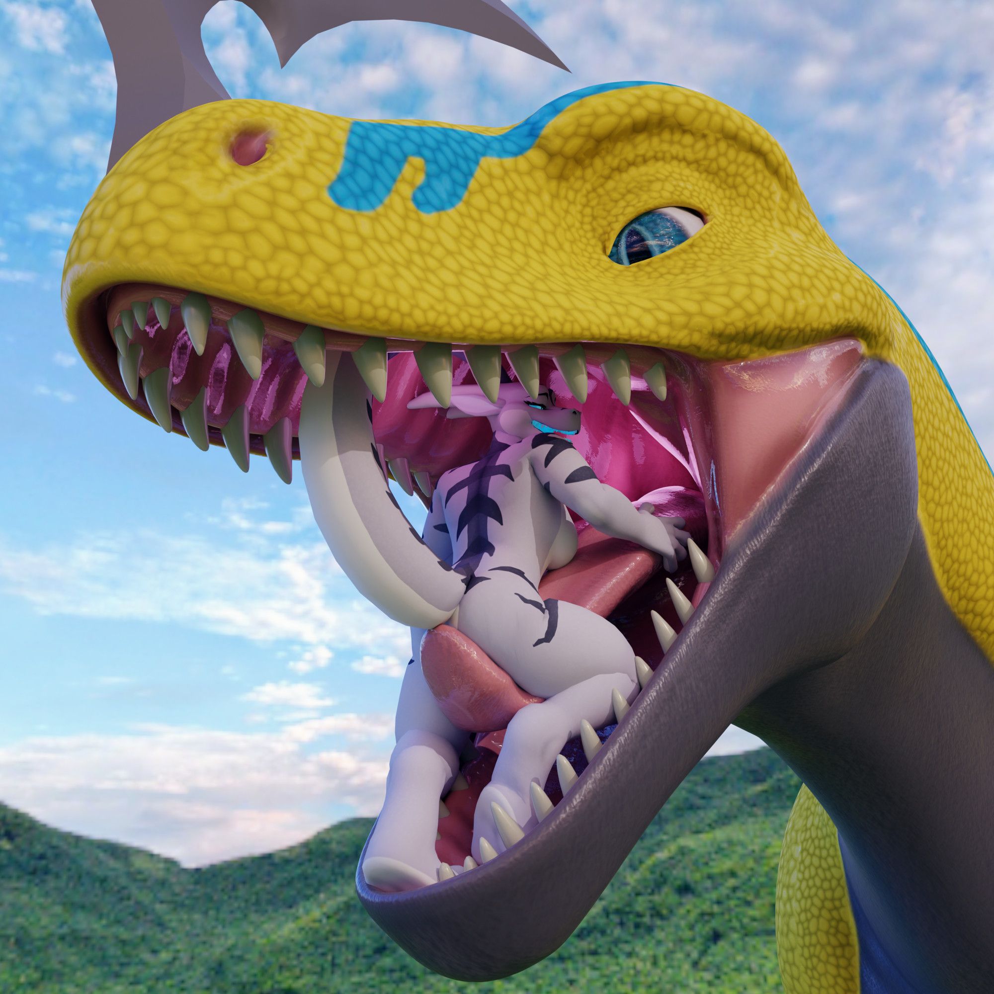 A silver gray anthro dragoness excited and lying on the tongue in the mouth of a giant yellow dinosaur Kor. Kors tongue is cupping Silver's rear, obscuring private bits.