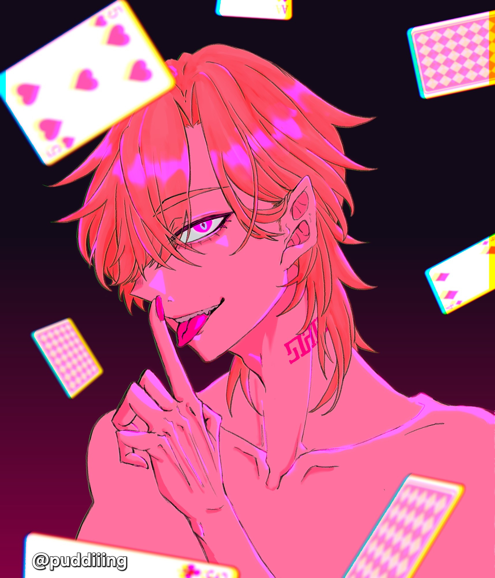 Aventurine from honkai star rail, drawn using a pink color palette with playing cards falling and surrounding him