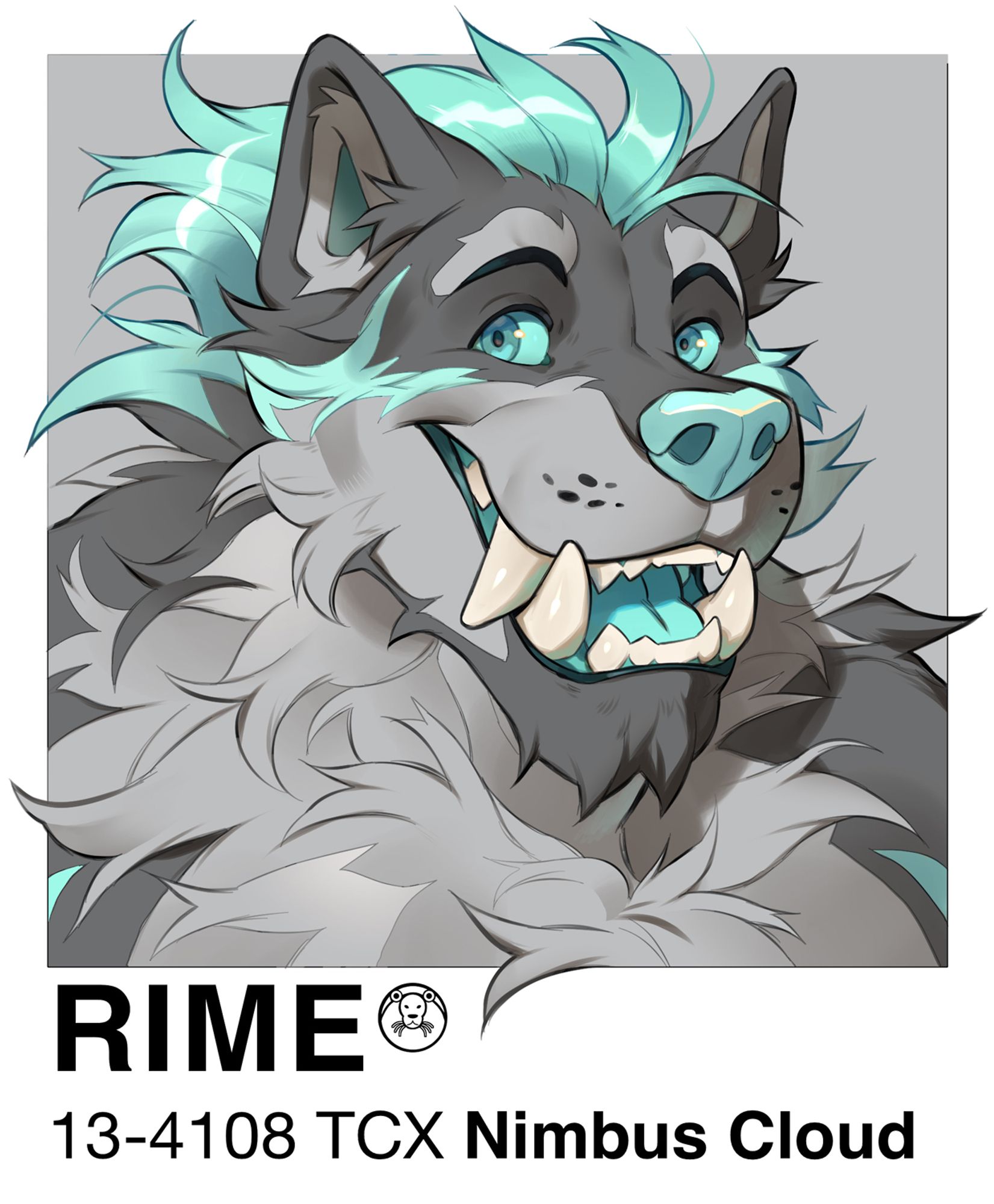 Rime, a happy werewolf with light teal markings displayed on a cloudy grey Pantone swatch "13-4108 TCX Nimbus Cloud"