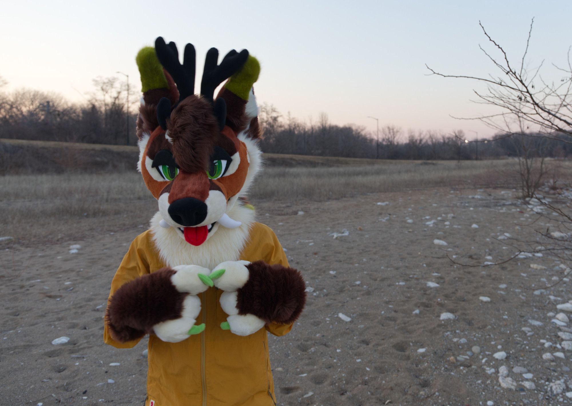 A shy fox-deer fursuiter standing next to a beach looking at you expectantly.