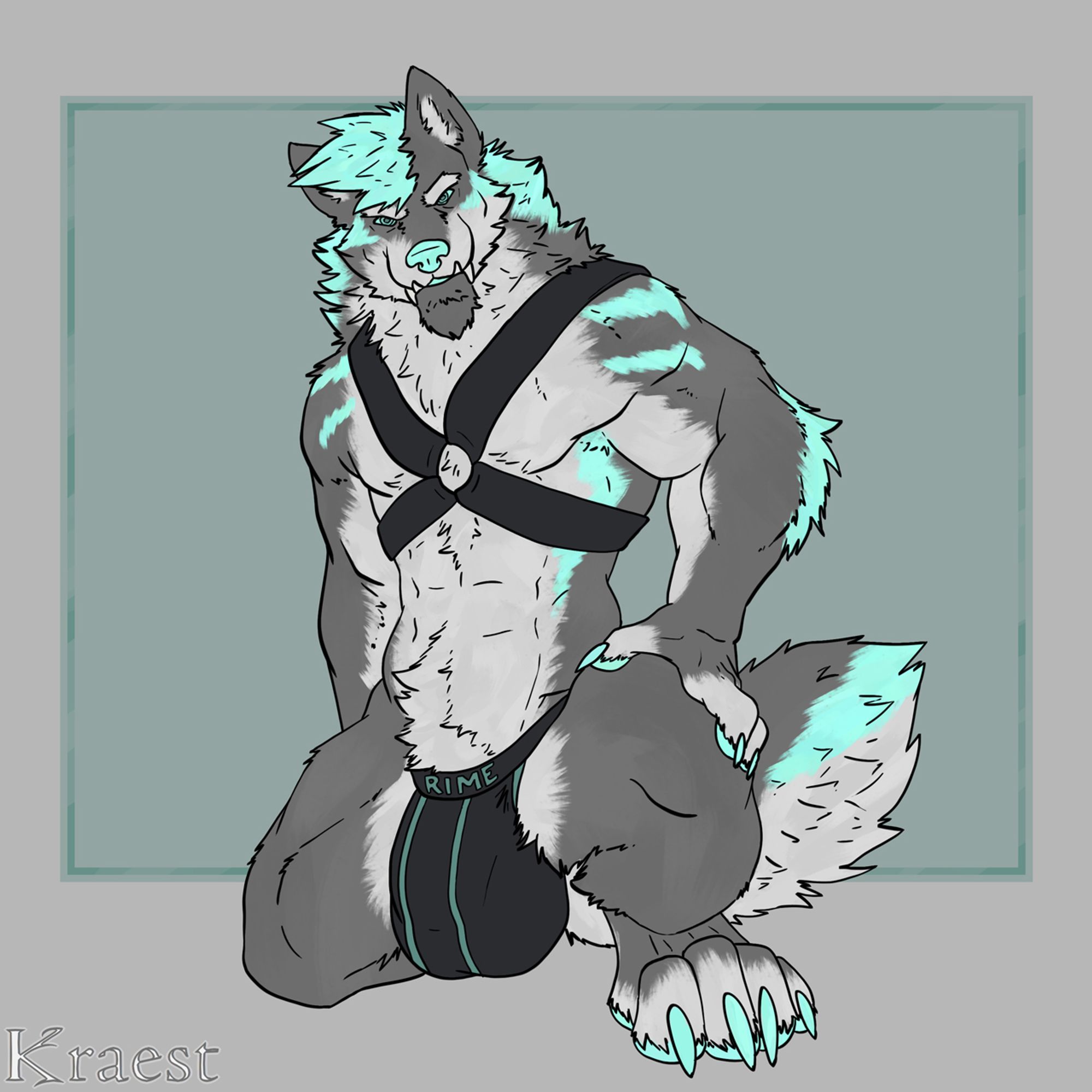 A gray and teal werewolf crouching down wearing only a black jock strap and harness.