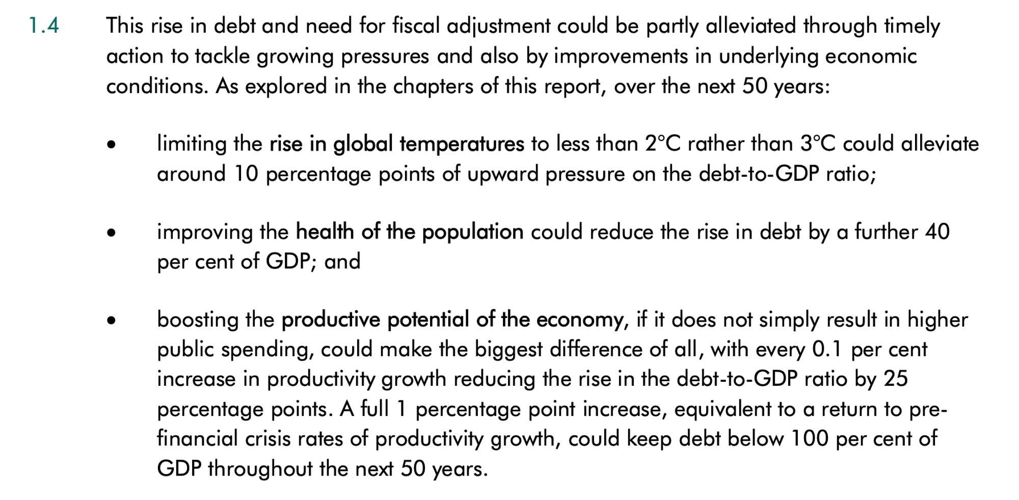 Screenshot of OBR report highlighting rise in global temperatures, health of the UK population, and the productive potential of the economy as key long-term pressures on UK public debt that policy could target.