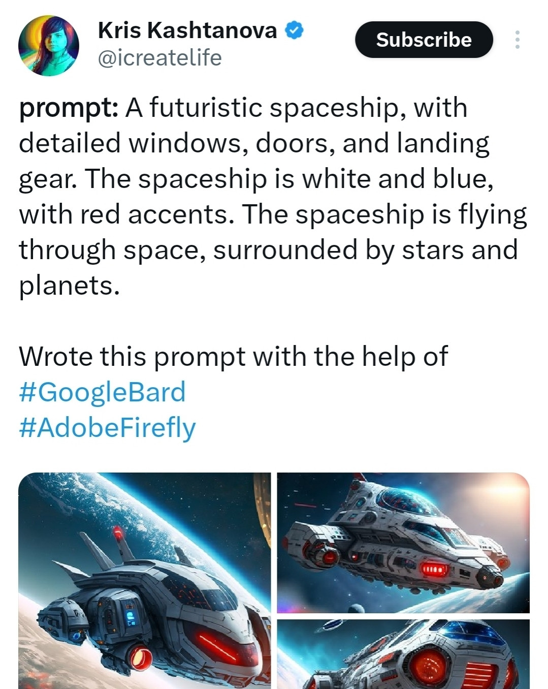 Tweet of generic ai spaceship art with tweeter saying they used Google Bard to write the prompt