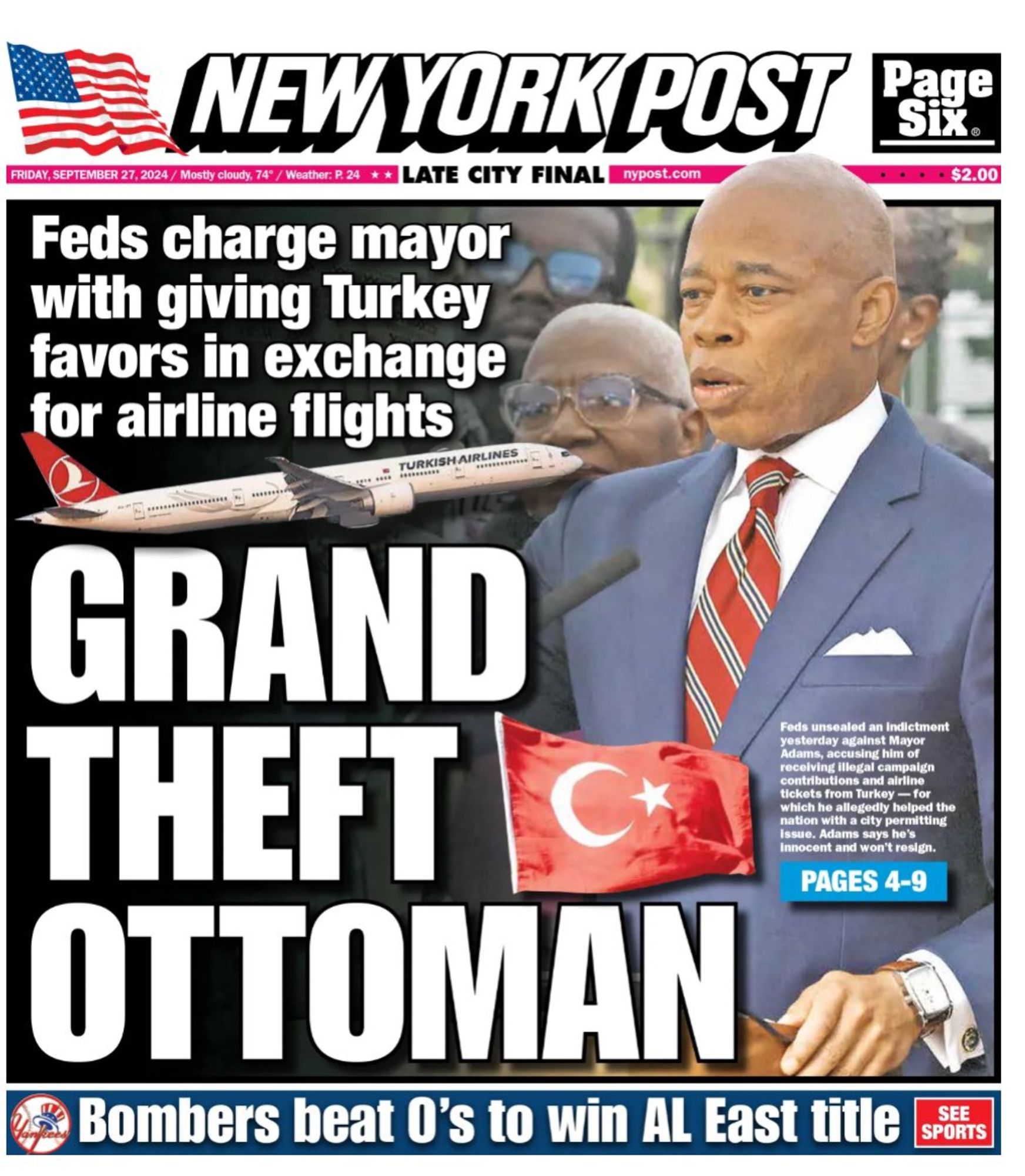 NY Post cover of Eric Adams scandal with headline "Grand Theft Ottoman"