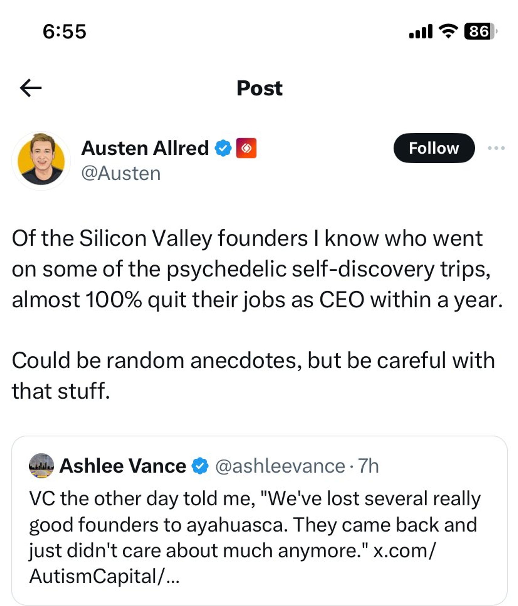 Tech bro saying too many Silicon Valley founders have "quit their jobs as CEO within a year" of "psychedelic self-discovery trips"