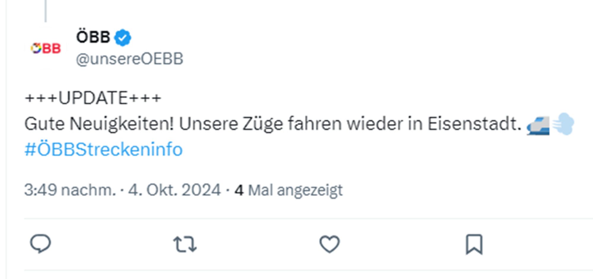 Screenshot eines Tweets der ÖBB auf Twitter/X:

+++UPDATE+++
Gute Neuigkeiten! Unsere Züge fahren wieder in Eisenstadt.
#ÖBBStreckeninfo